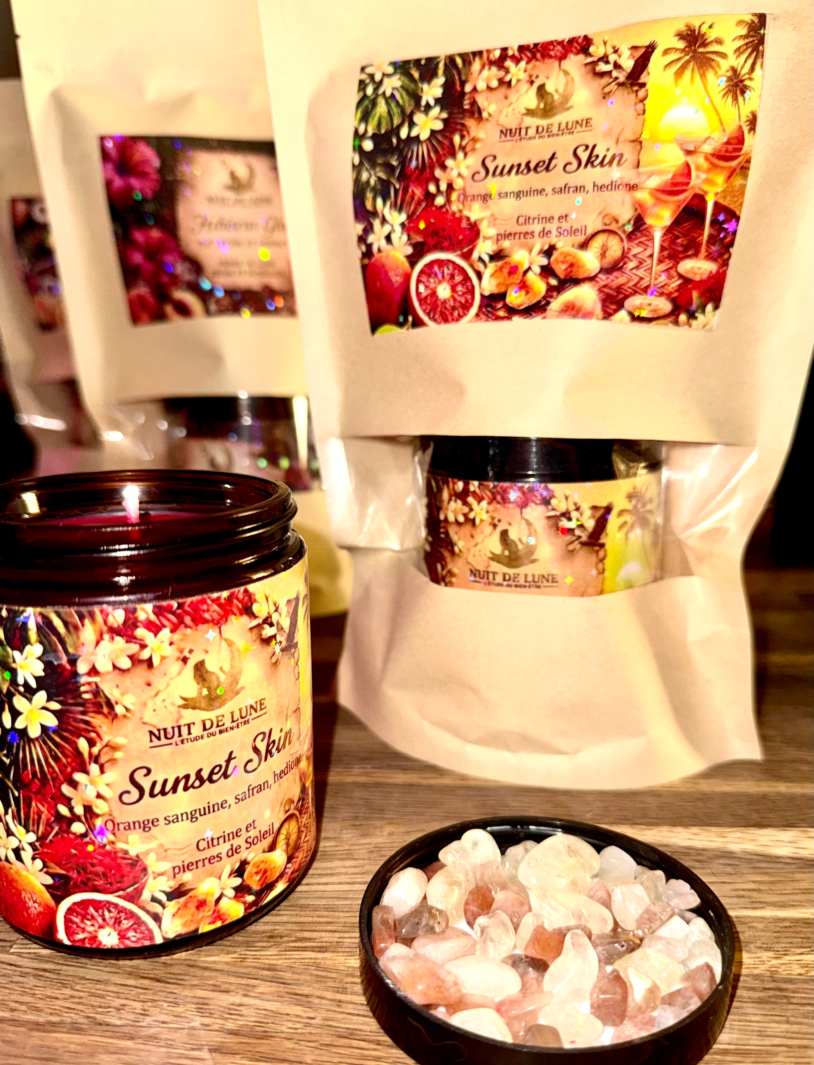 Bougie de luxe artisanale aux cristaux SUNSET SKIN Orange sanguine, Safran, Hedione