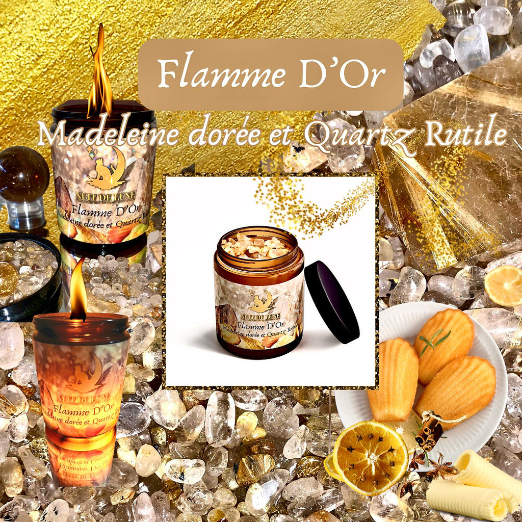 Bougie de luxe artisanale aux cristaux FLAMME D’OR Madeleine dorée et Quartz Rutile