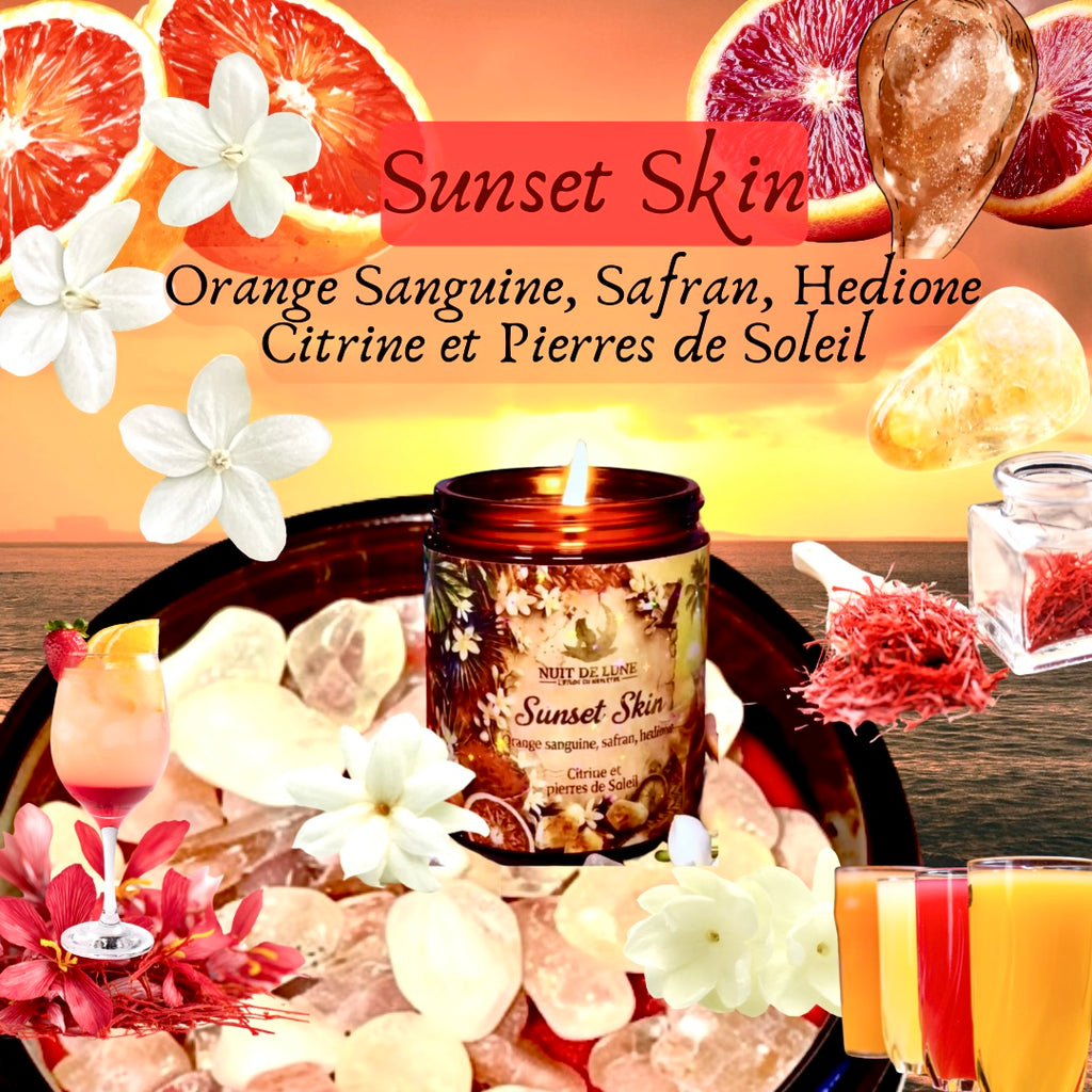 Bougie de luxe artisanale aux cristaux SUNSET SKIN Orange sanguine, Safran, Hedione