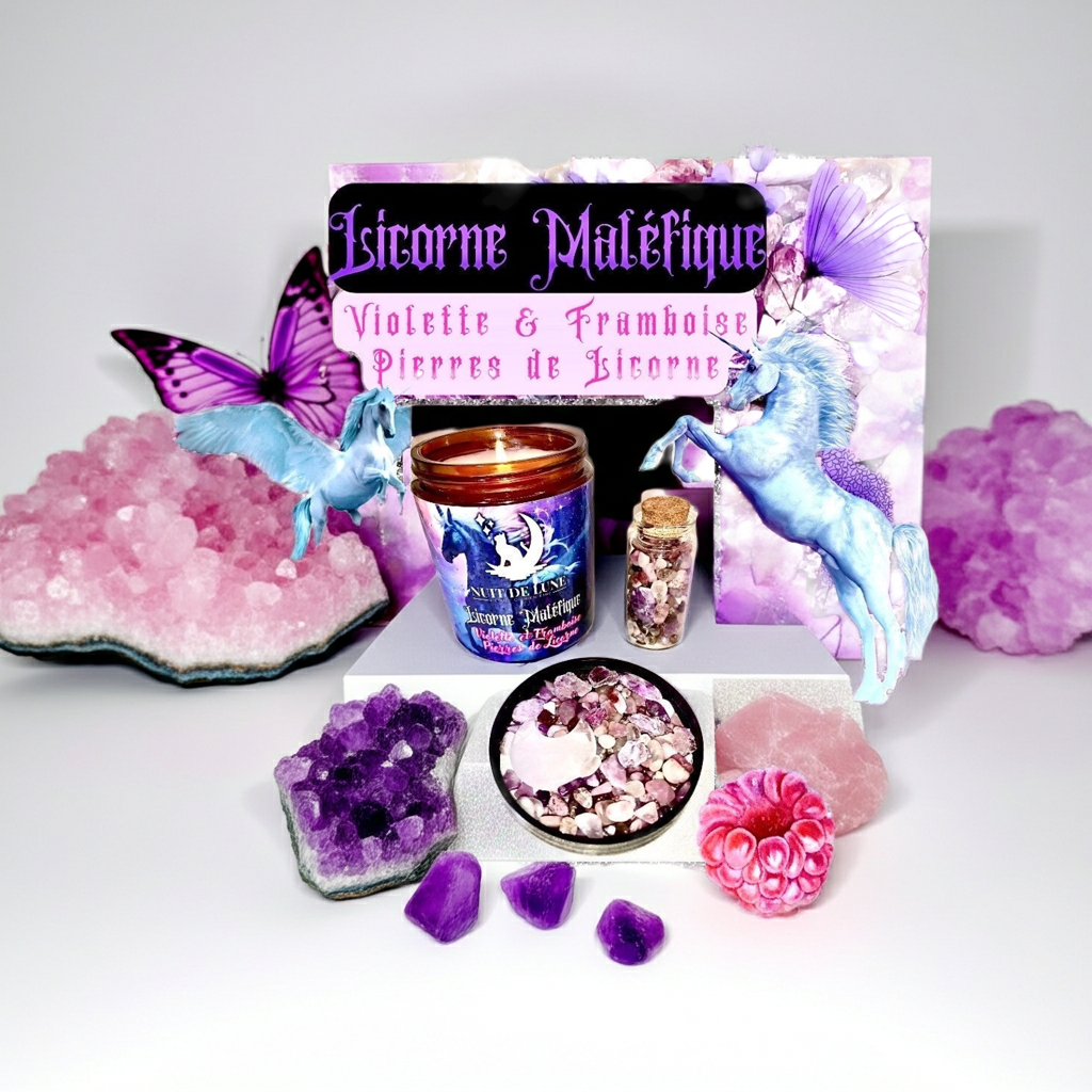 Bougie de luxe artisanale parfumée aux cristaux Nuit de Lune LICORNE MALÉFIQUE Violette et Framboise, fruits rouges Pierres de licorne