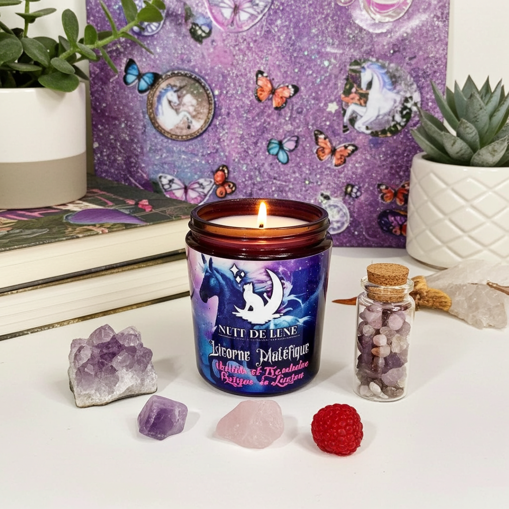 Bougie de luxe artisanale parfumée aux cristaux Nuit de Lune LICORNE MALÉFIQUE Violette et Framboise, fruits rouges Pierres de licorne