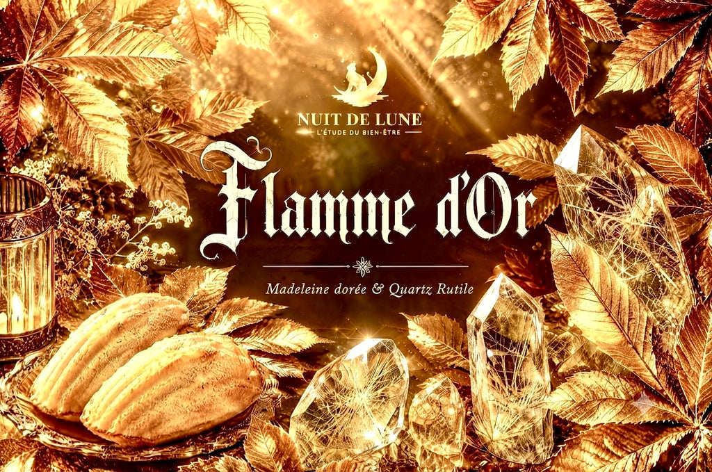 Bougie de luxe artisanale aux cristaux FLAMME D’OR Madeleine dorée et Quartz Rutile
