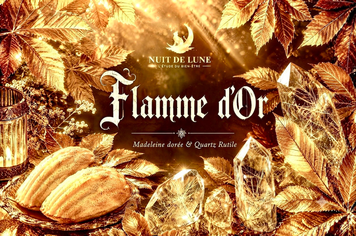 Bougie de luxe artisanale aux cristaux FLAMME D’OR Madeleine dorée et Quartz Rutile