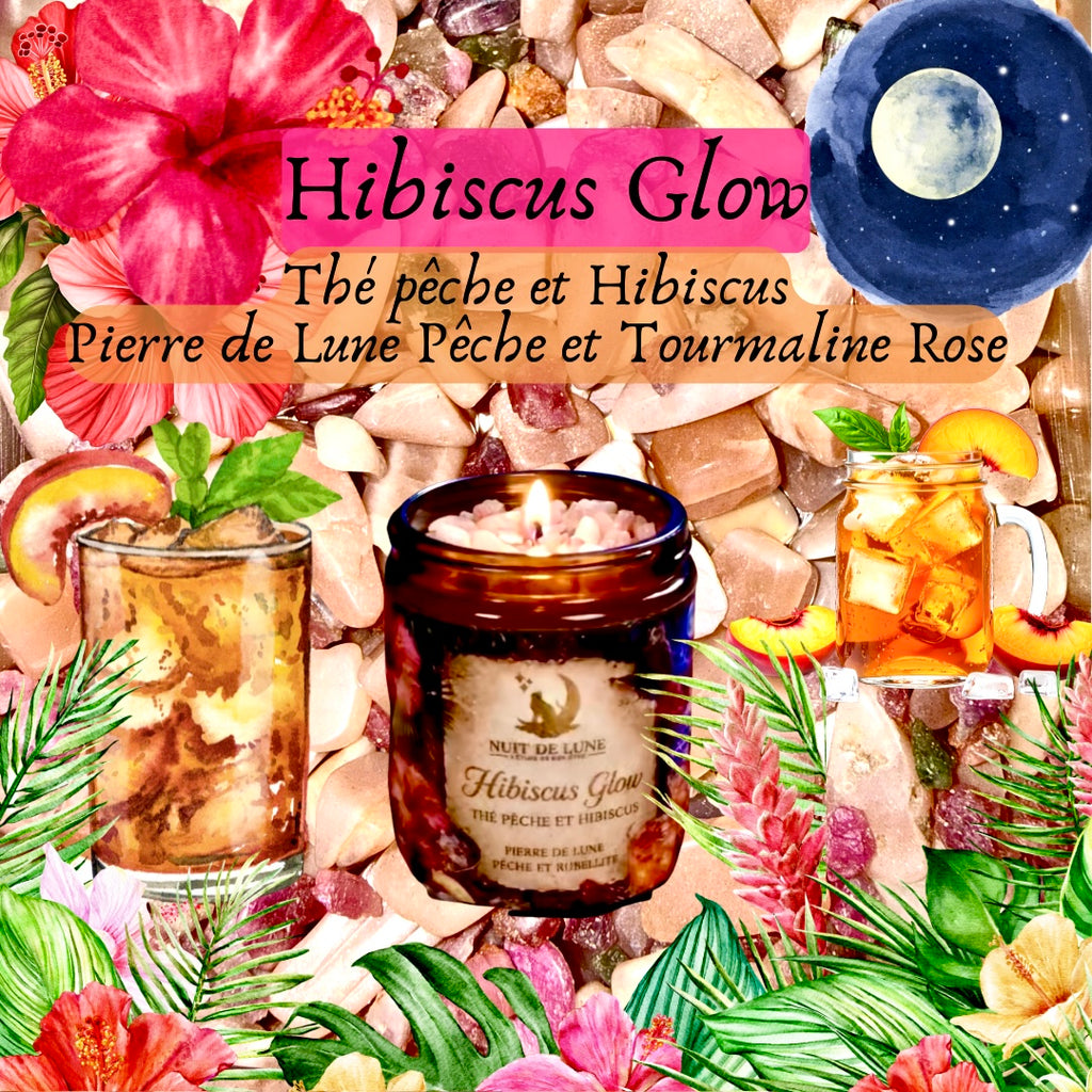 Bougie artisanale de luxe HIBISCUS GLOW Ice Tea Pêche 🍑 et Hibiscus 🌺 Pierre de lune pêche et tourmaline rose