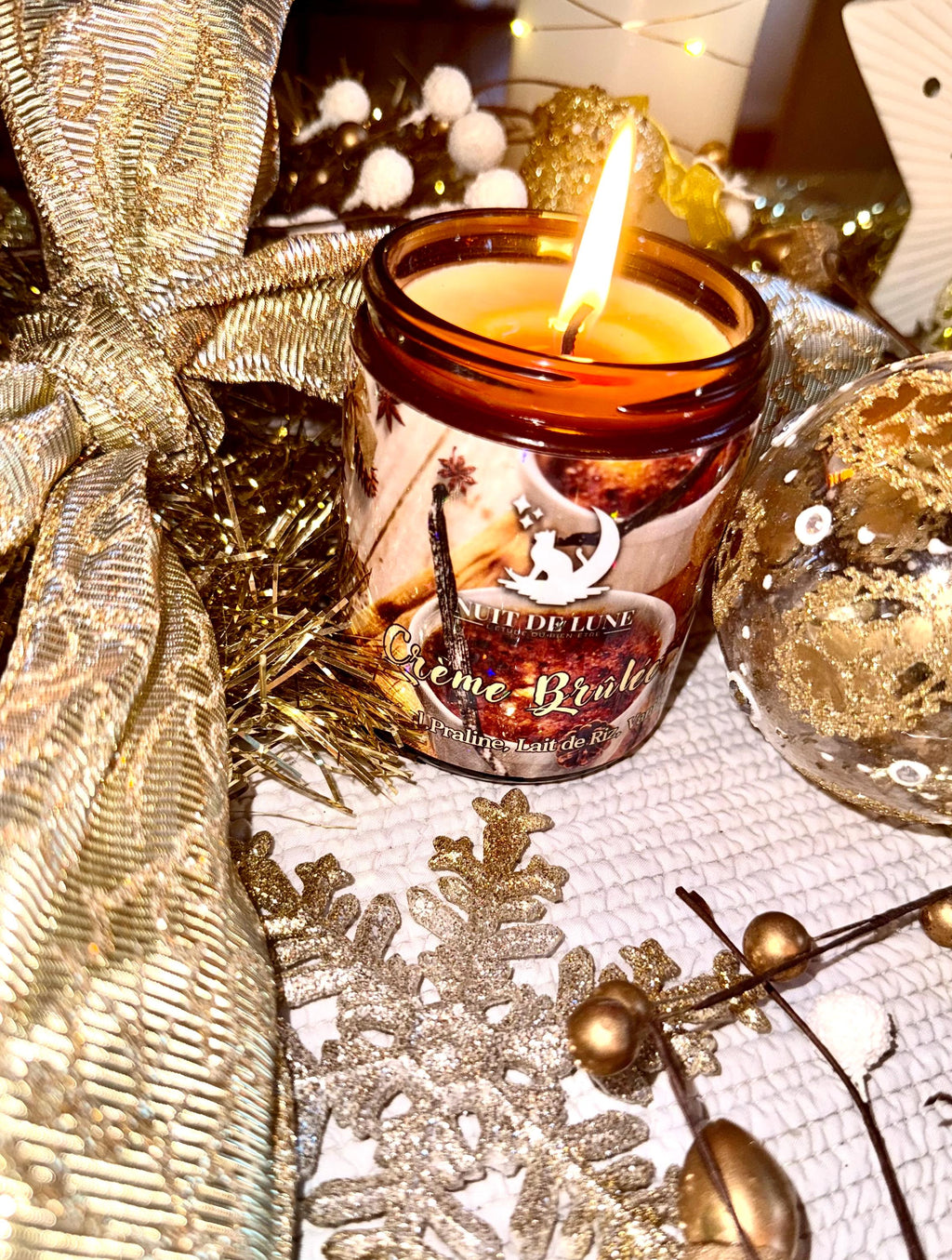 Bougie de luxe artisanale CRÈME BRÛLÉE Caramel, Praline, lait de riz, Vanille