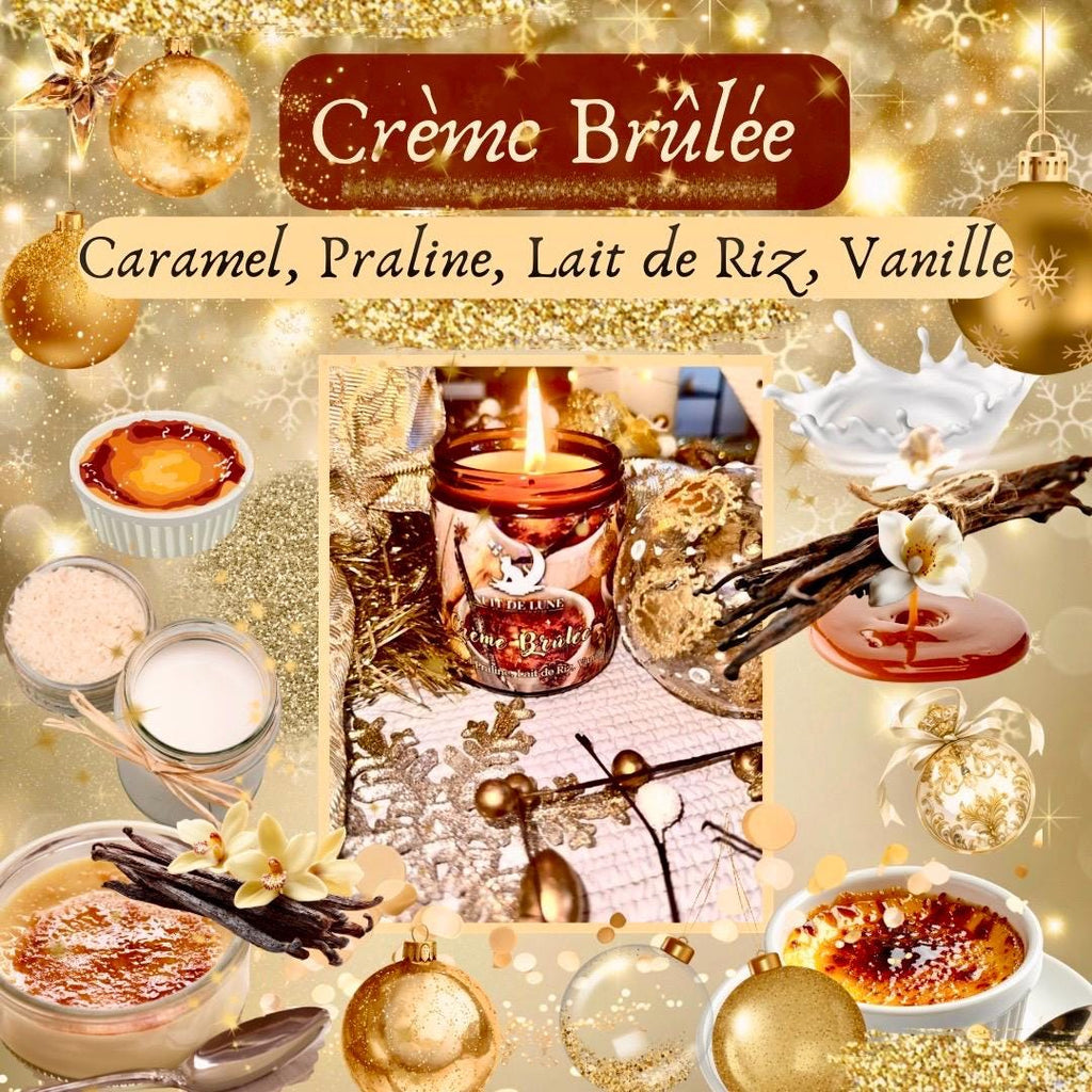 Bougie de luxe artisanale CRÈME BRÛLÉE Caramel, Praline, lait de riz, Vanille