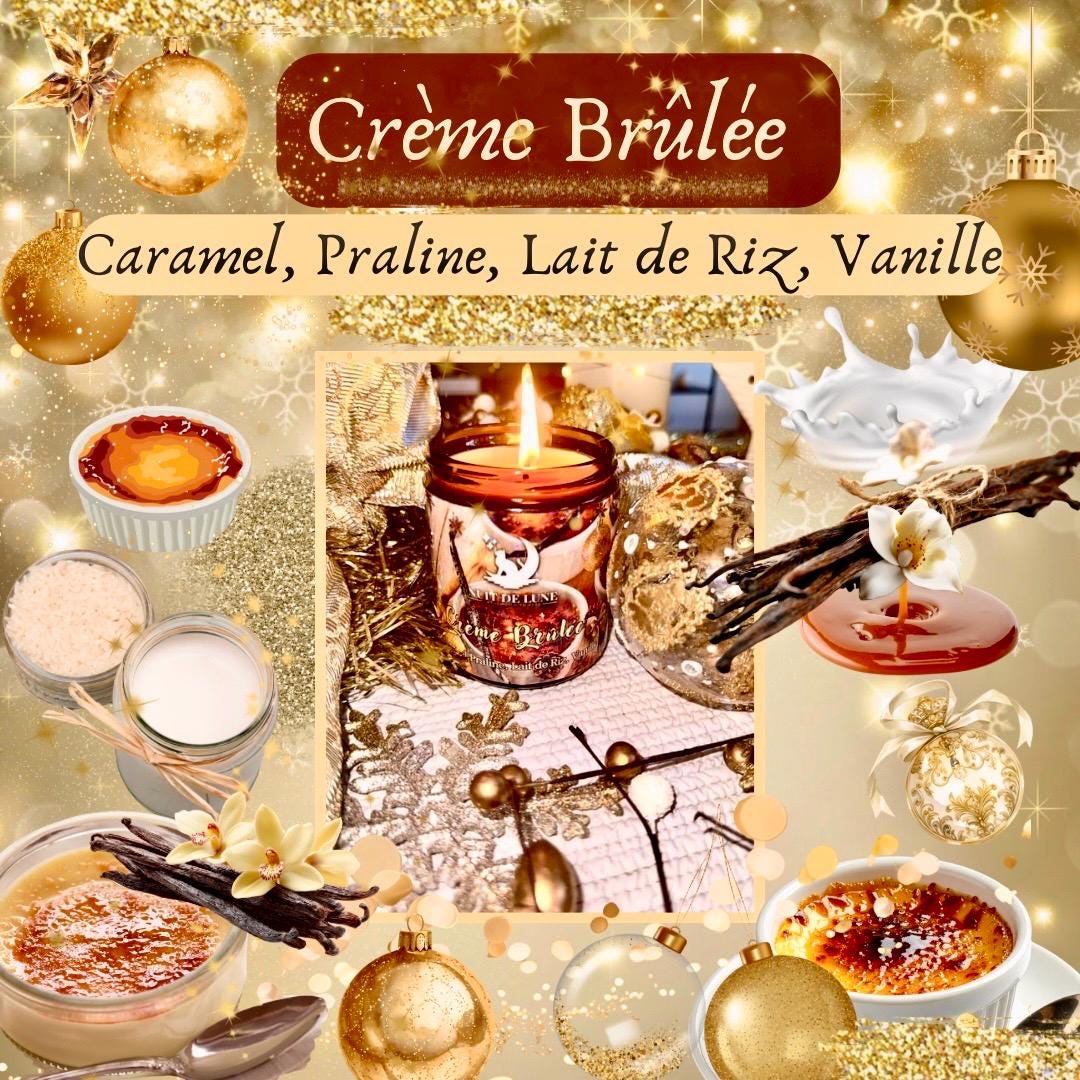 Bougie de luxe artisanale CRÈME BRÛLÉE Caramel, Praline, lait de riz, Vanille