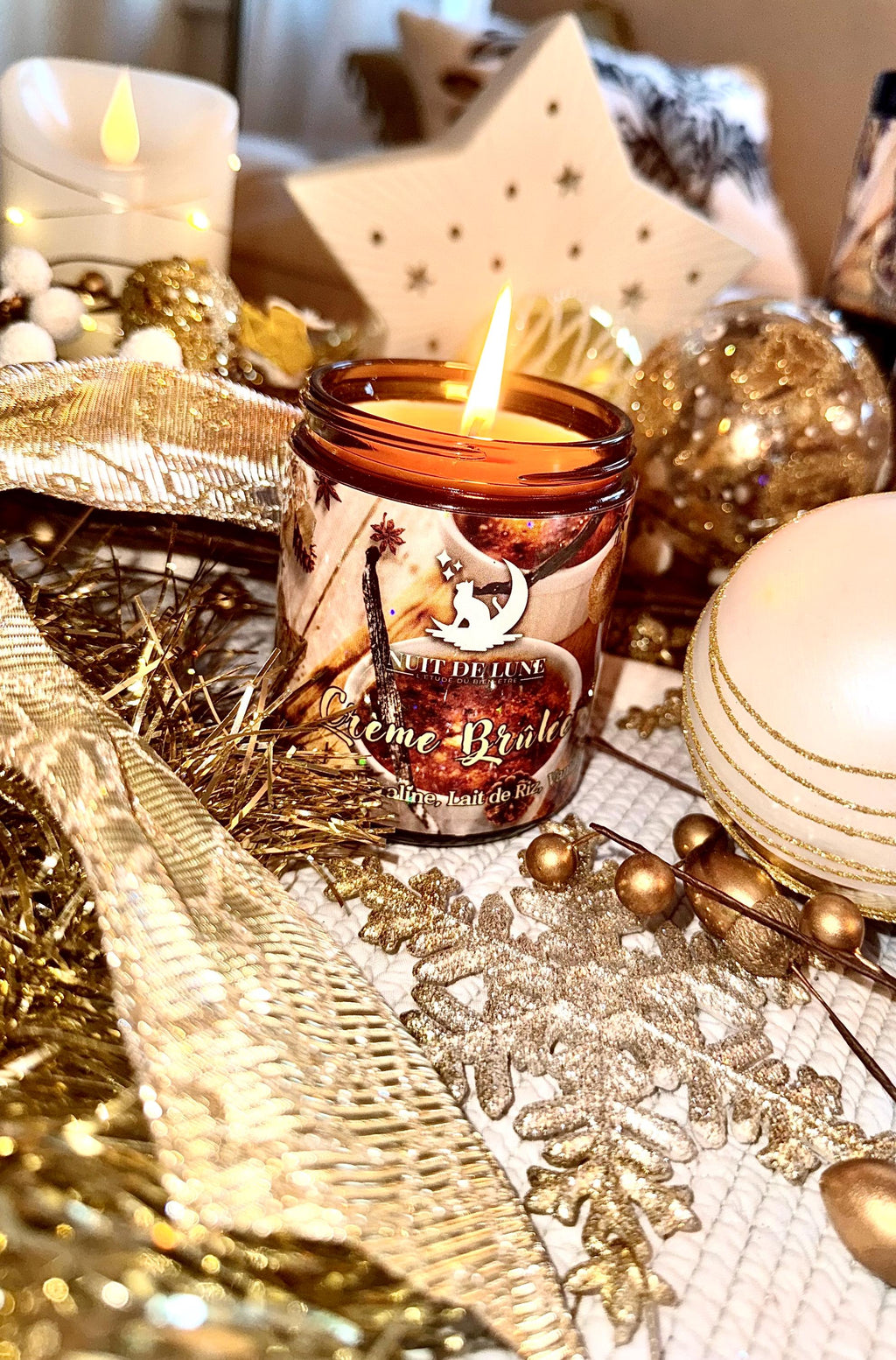 Bougie de luxe artisanale CRÈME BRÛLÉE Caramel, Praline, lait de riz, Vanille