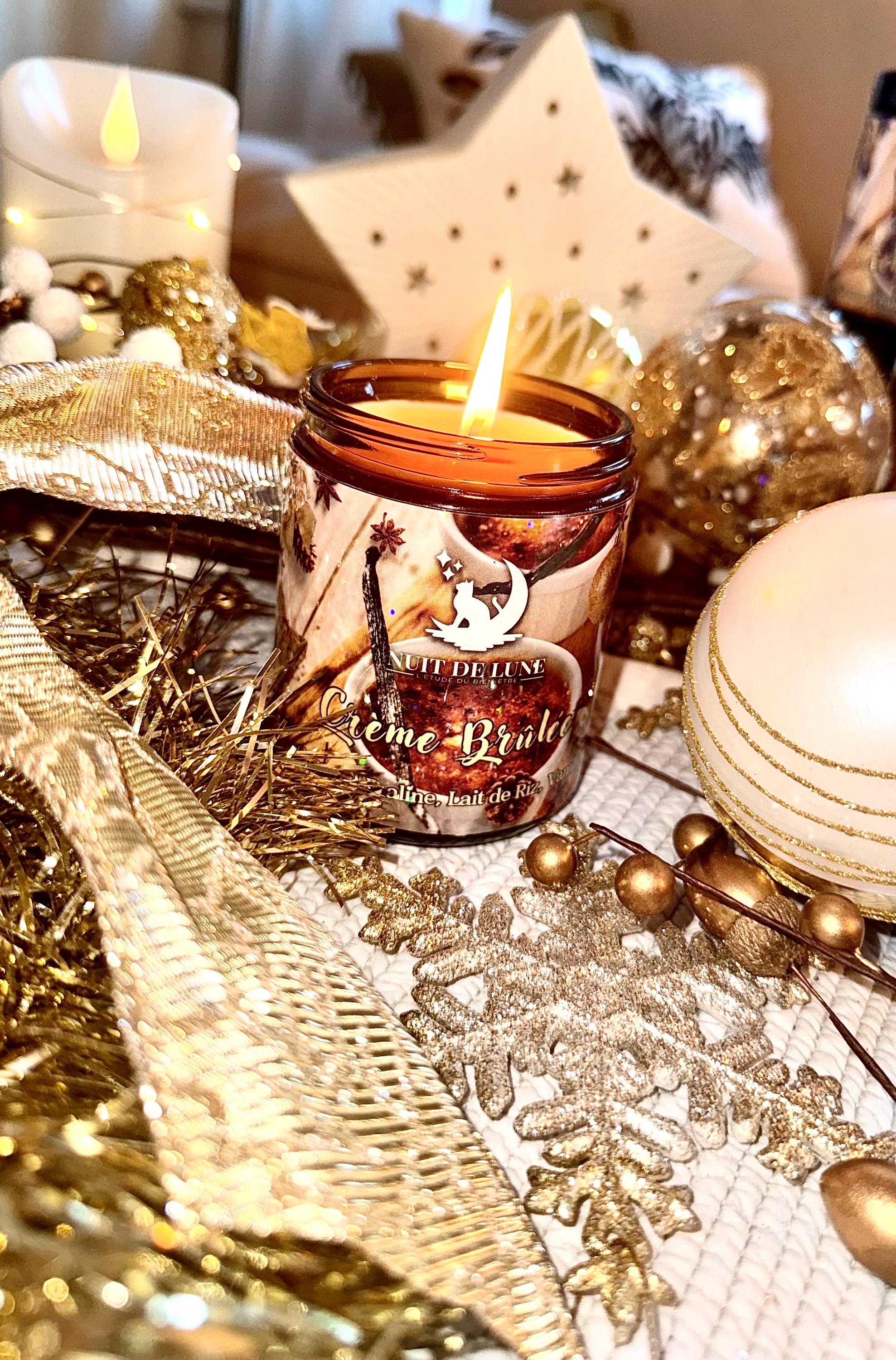 Bougie de luxe artisanale CRÈME BRÛLÉE Caramel, Praline, lait de riz, Vanille