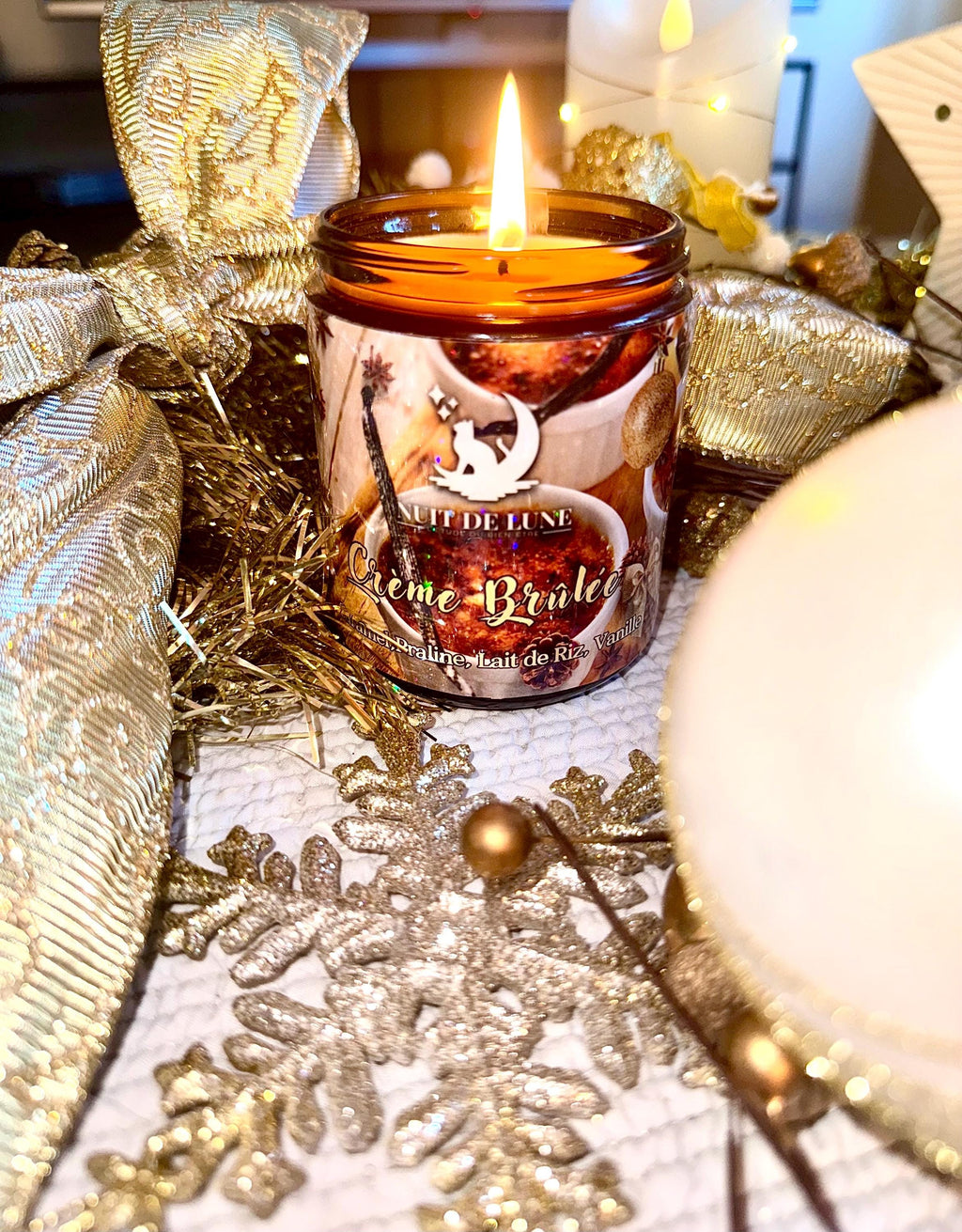 Bougie de luxe artisanale CRÈME BRÛLÉE Caramel, Praline, lait de riz, Vanille
