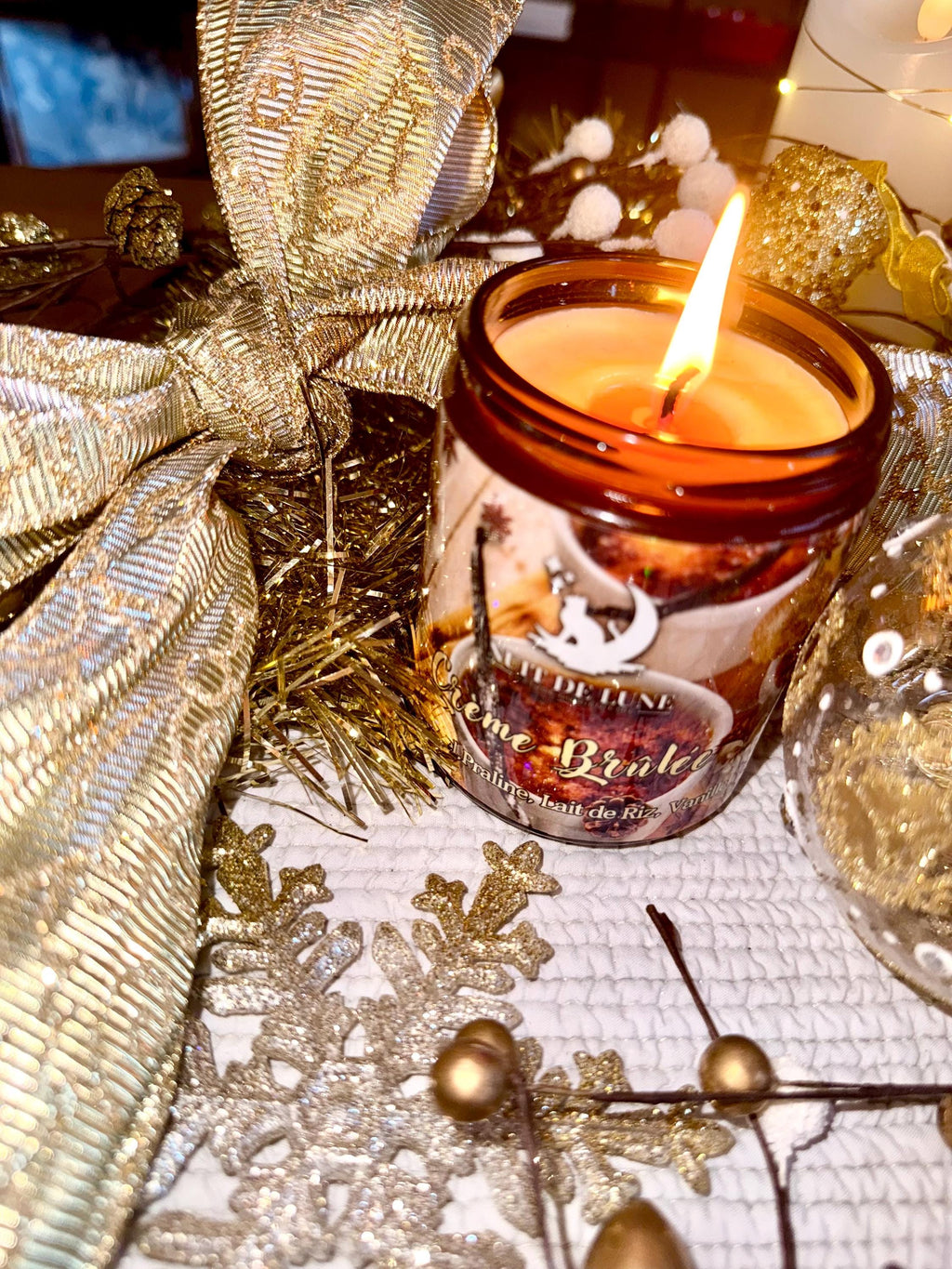 Bougie de luxe artisanale CRÈME BRÛLÉE Caramel, Praline, lait de riz, Vanille