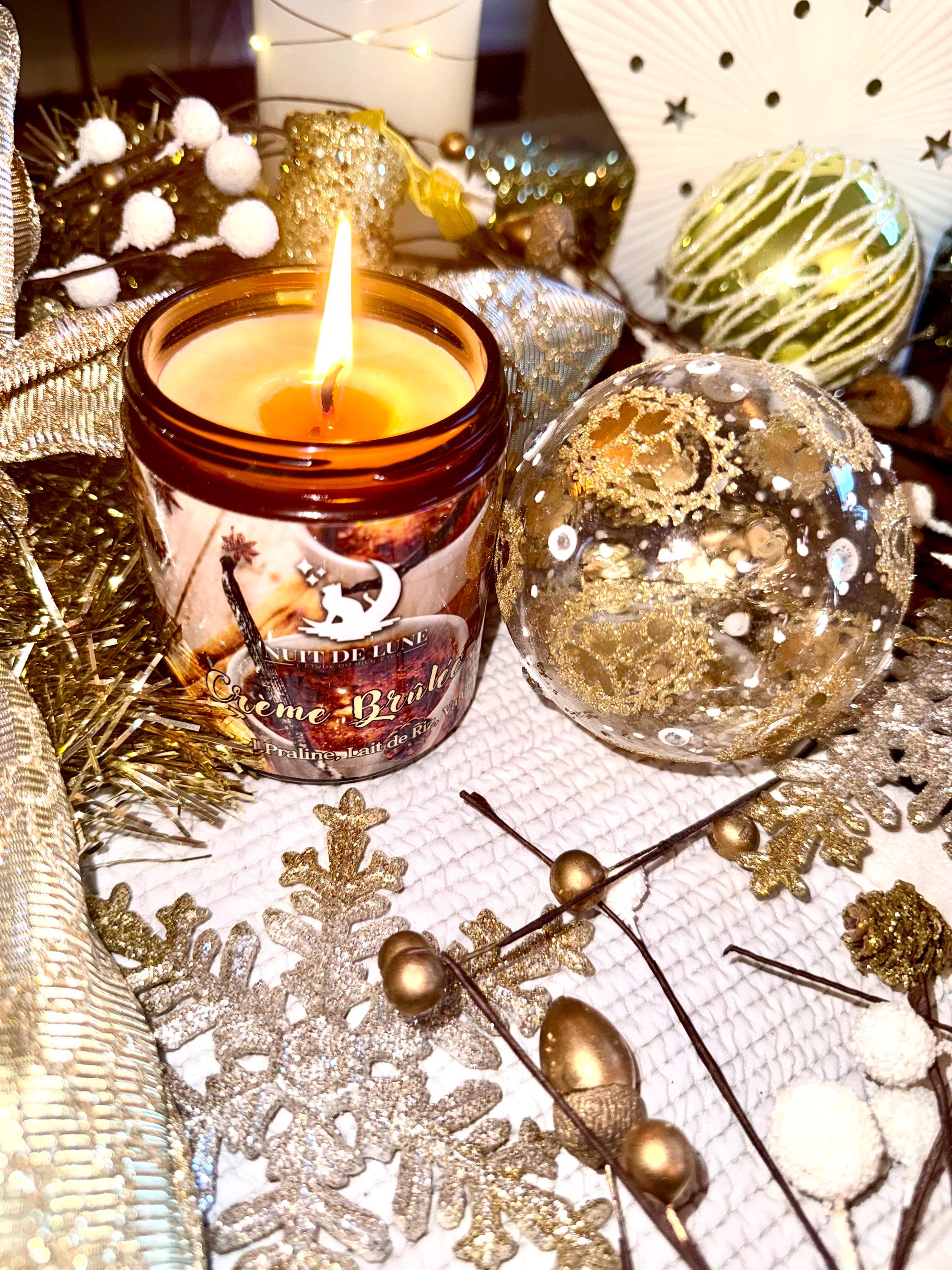 Bougie de luxe artisanale CRÈME BRÛLÉE Caramel, Praline, lait de riz, Vanille