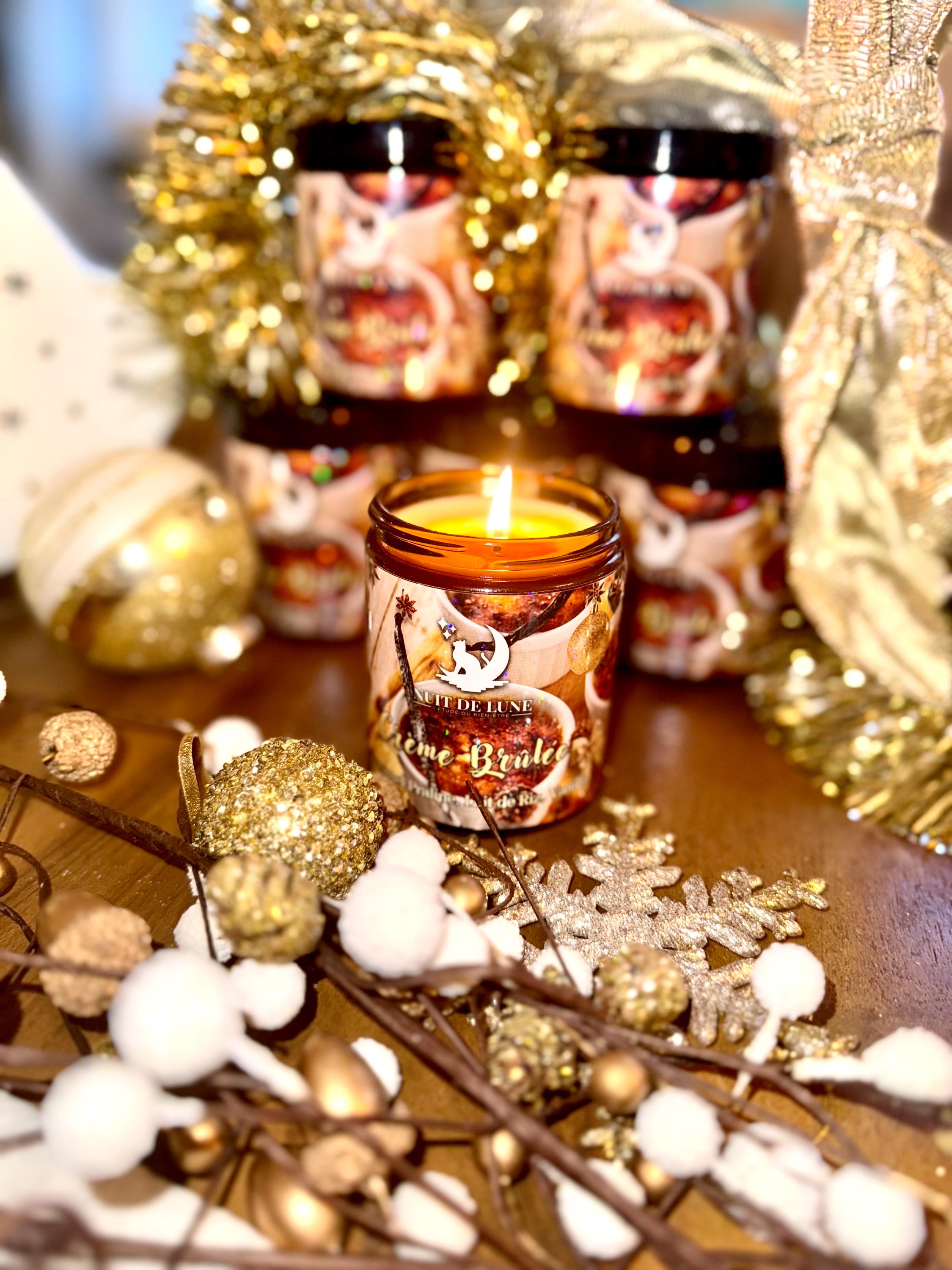 Bougie de luxe artisanale CRÈME BRÛLÉE Caramel, Praline, lait de riz, Vanille