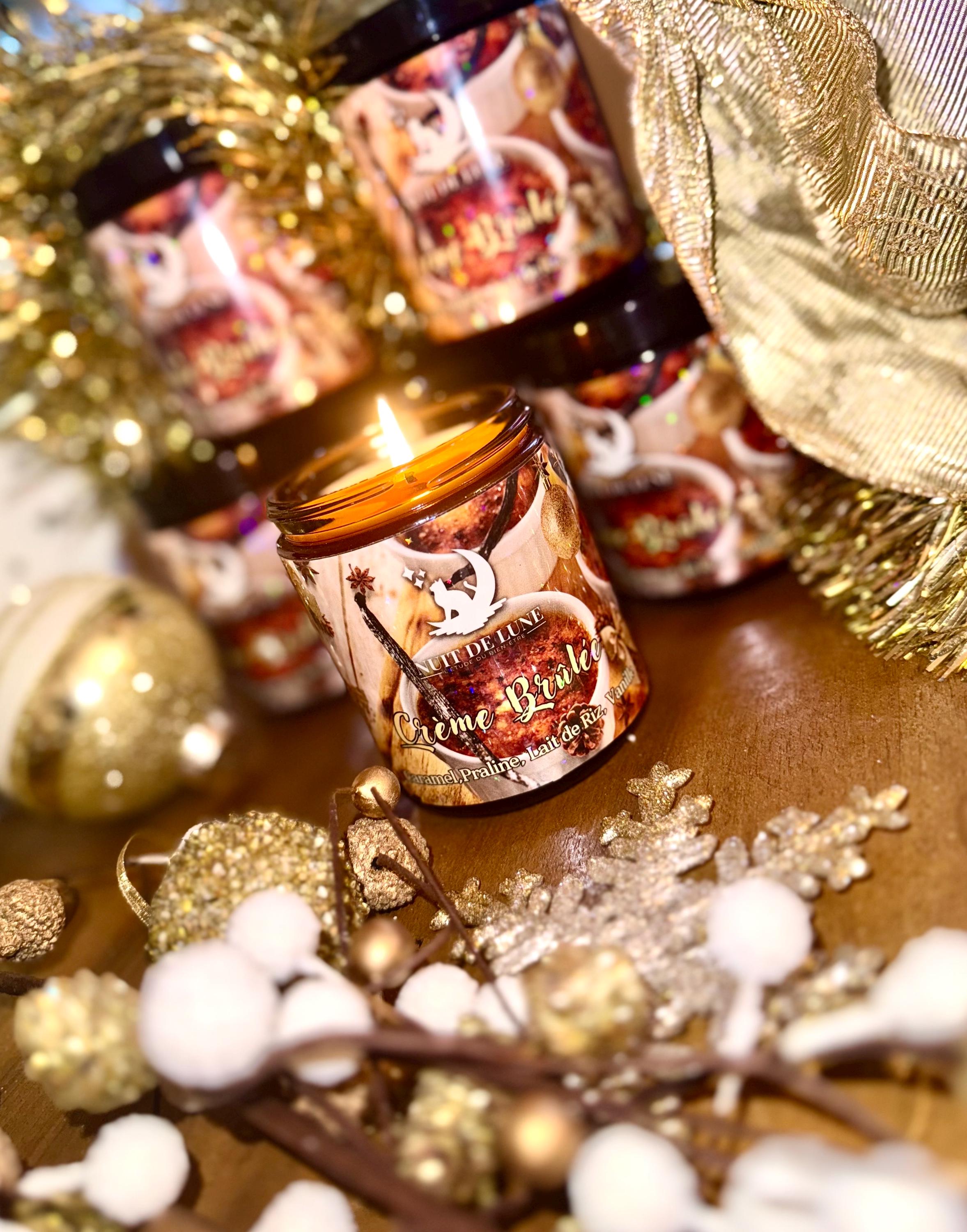 Bougie de luxe artisanale CRÈME BRÛLÉE Caramel, Praline, lait de riz, Vanille