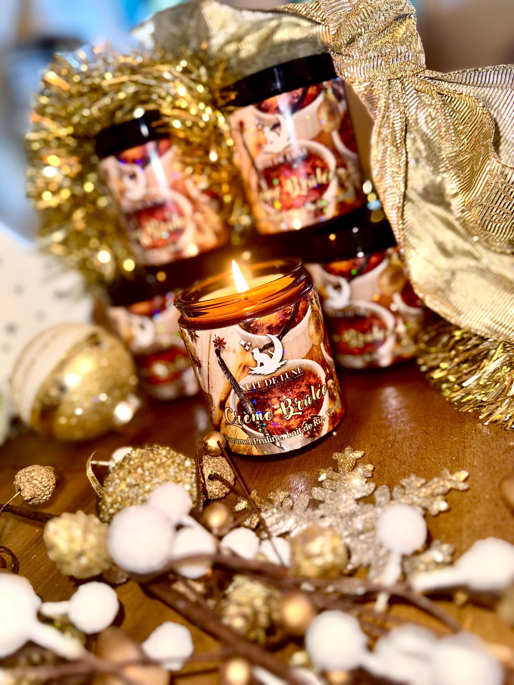 Bougie de luxe artisanale CRÈME BRÛLÉE Caramel, Praline, lait de riz, Vanille