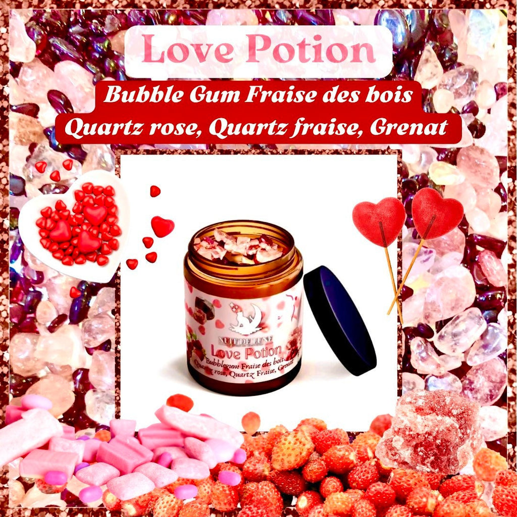 Bougie de luxe artisanale Nuit De Lune Amour LOVE POTION - Bubble gum et Fraise des bois - et sa fiole de Quartz rose, Quartz fraise, Grenat