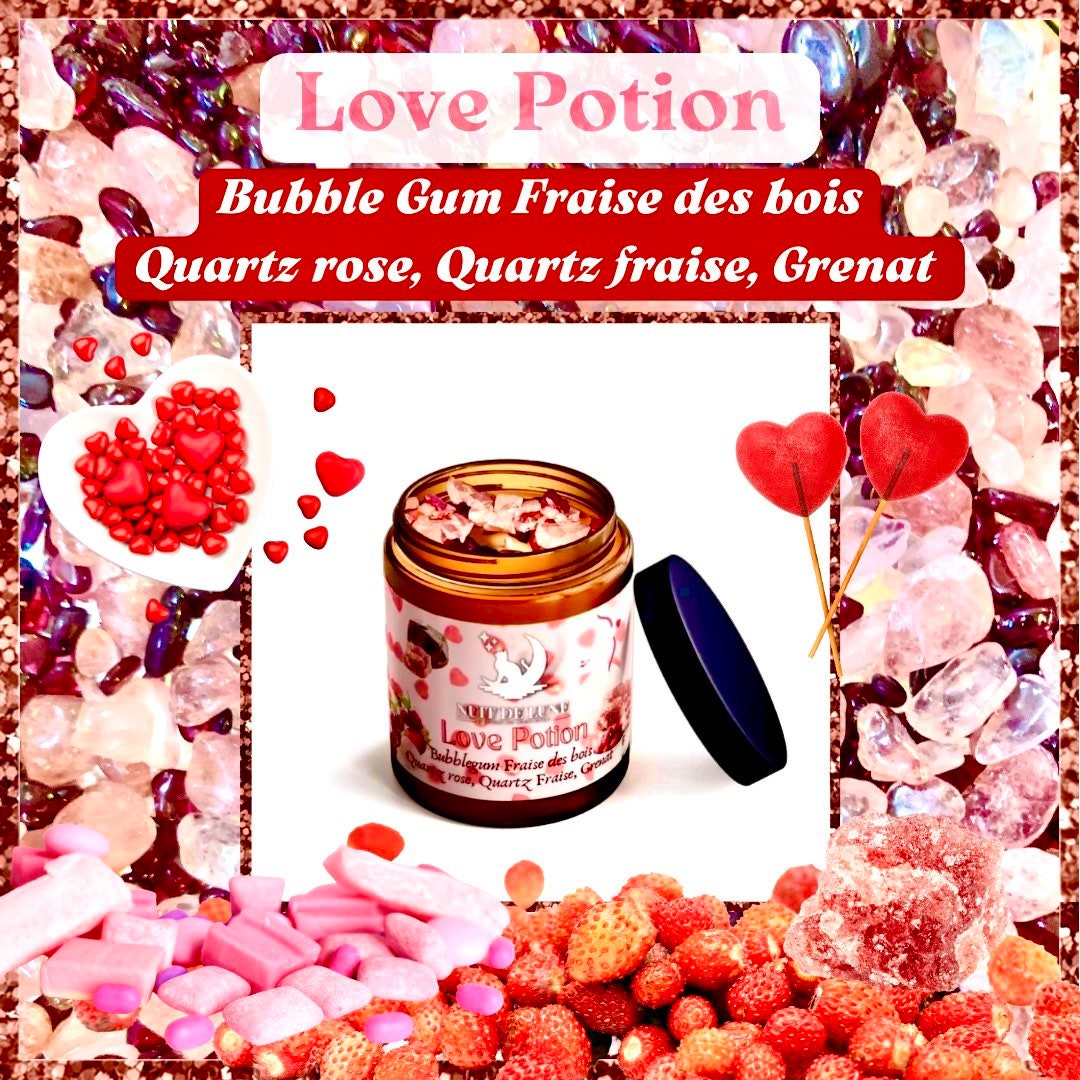 Bougie de luxe artisanale Nuit De Lune Amour LOVE POTION - Bubble gum et Fraise des bois - et sa fiole de Quartz rose, Quartz fraise, Grenat