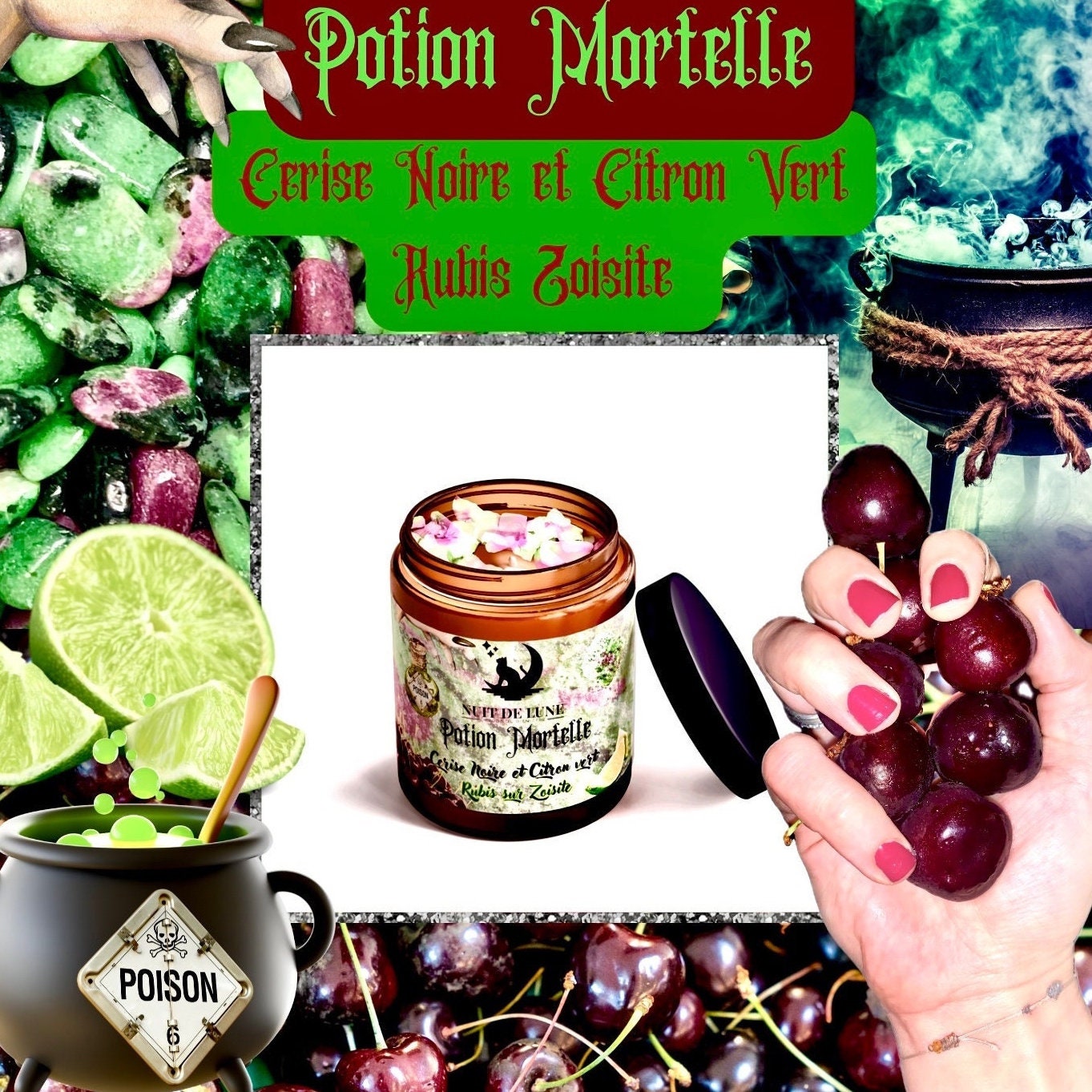 Bougie de luxe artisanale POTION MORTELLE Cerise Noire et Citron Vert Rubis Zoisite