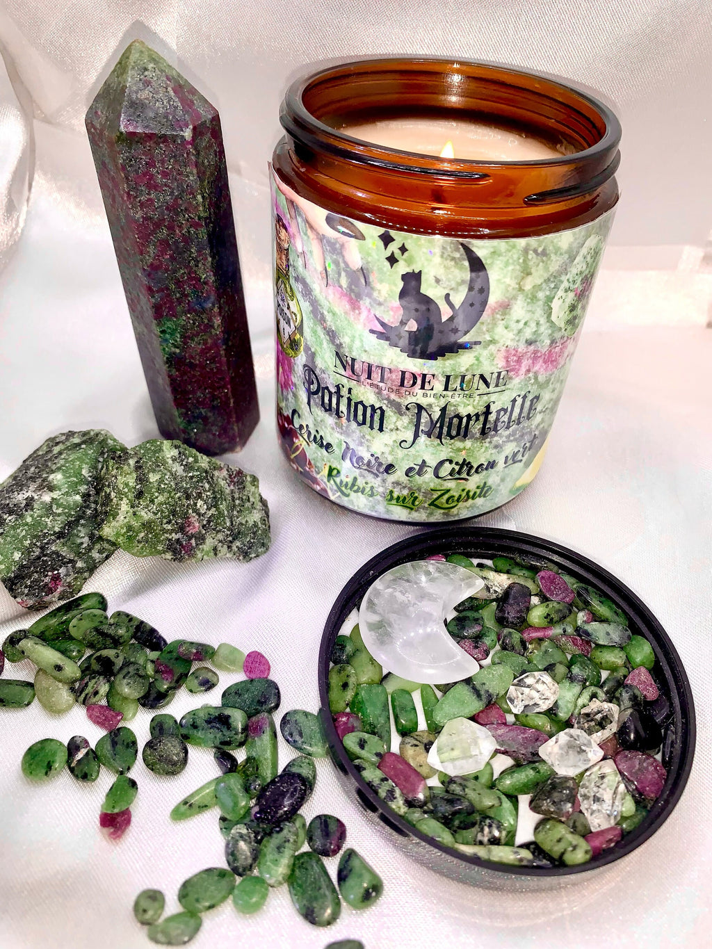 Bougie de luxe artisanale POTION MORTELLE Cerise Noire et Citron Vert Rubis Zoisite