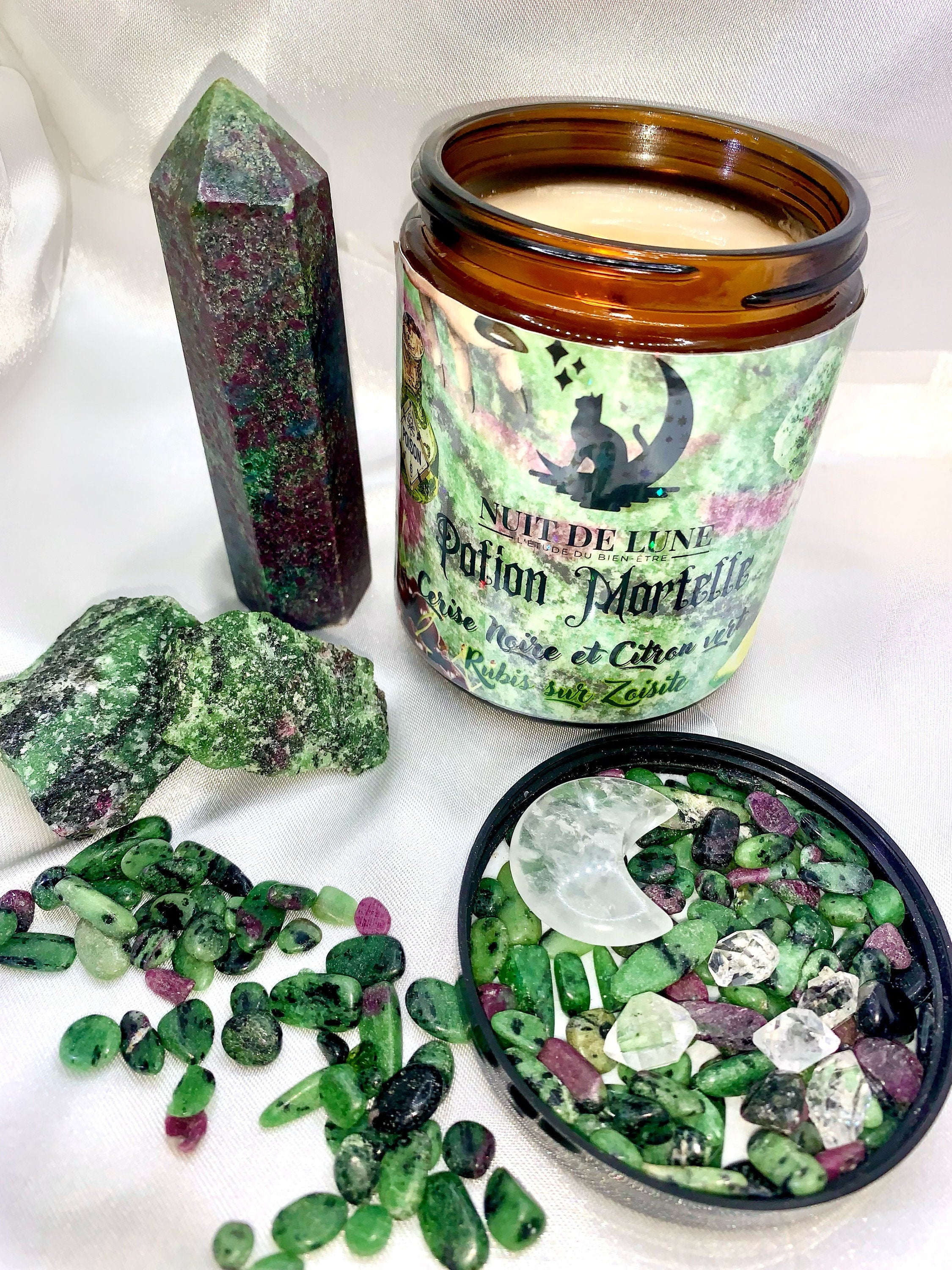 Bougie de luxe artisanale POTION MORTELLE Cerise Noire et Citron Vert Rubis Zoisite