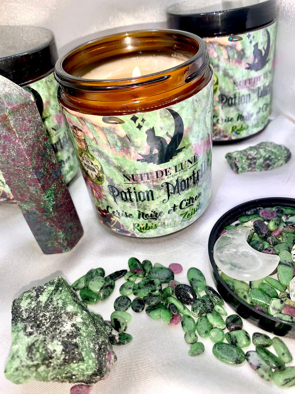 Bougie de luxe artisanale POTION MORTELLE Cerise Noire et Citron Vert Rubis Zoisite