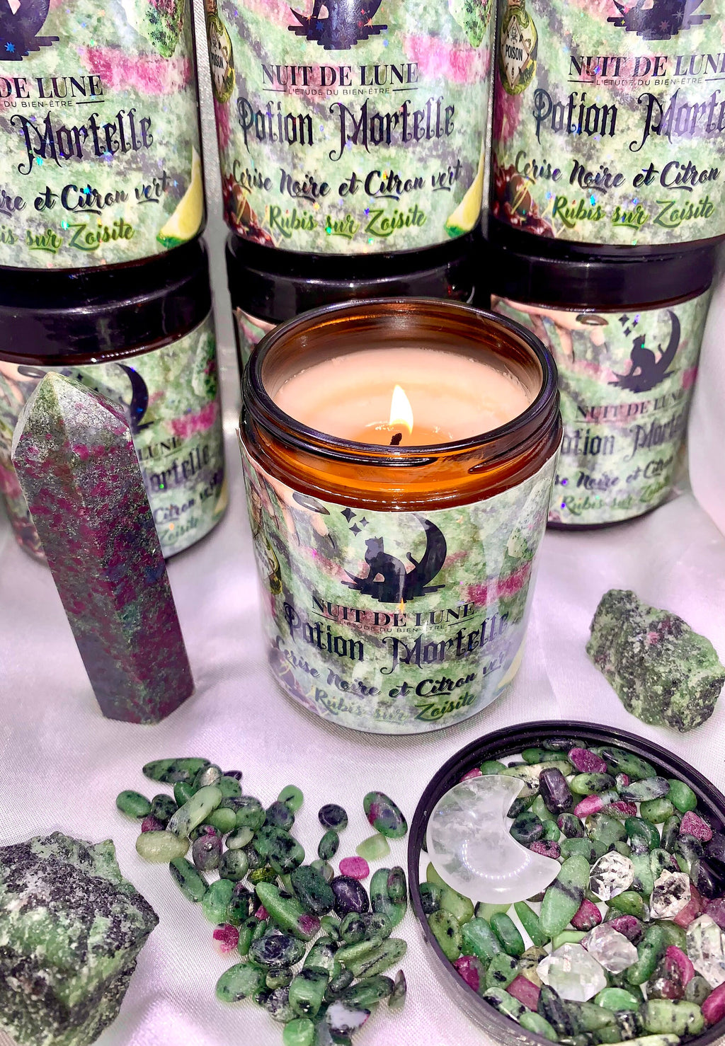 Bougie de luxe artisanale POTION MORTELLE Cerise Noire et Citron Vert Rubis Zoisite