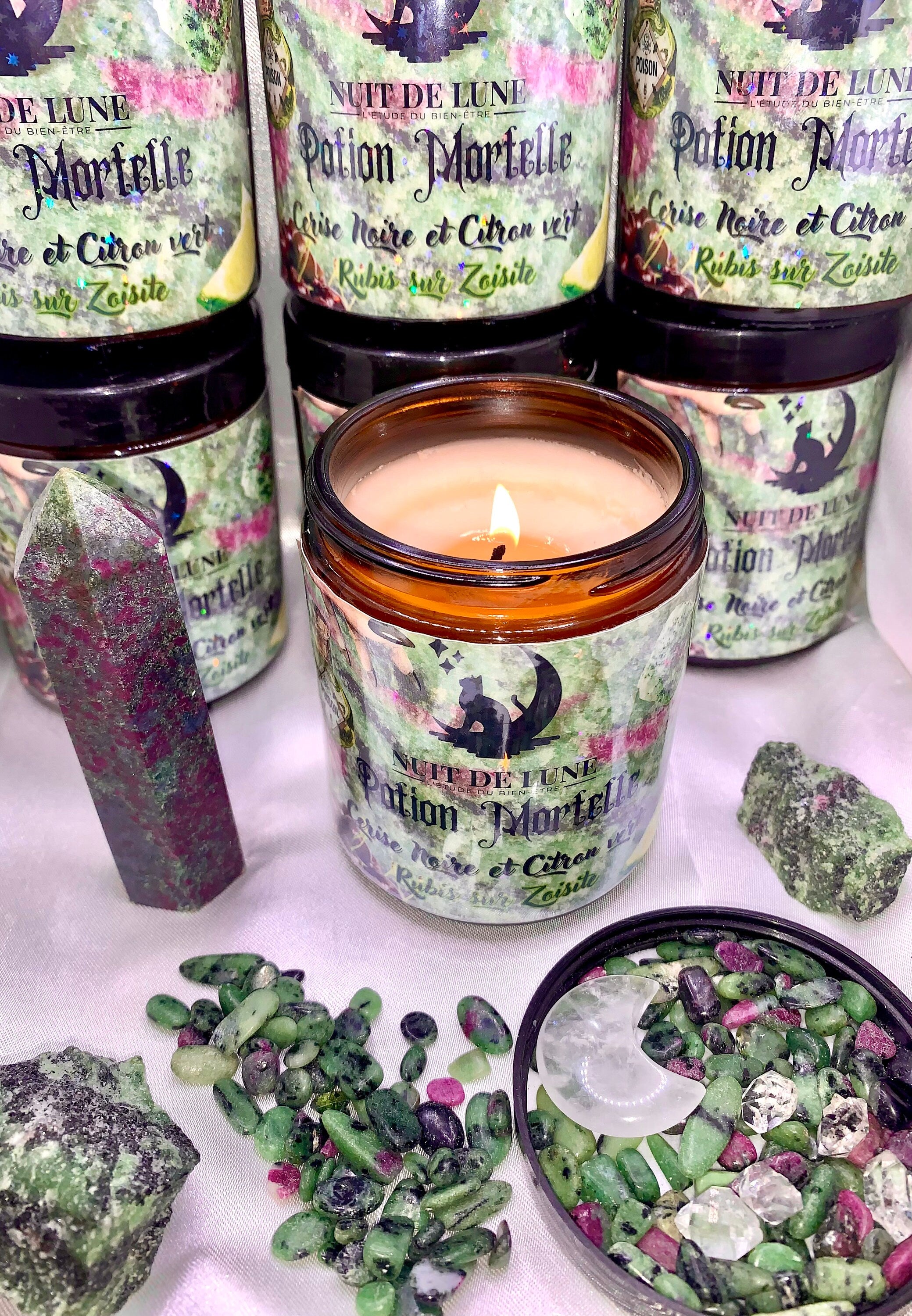 Bougie de luxe artisanale POTION MORTELLE Cerise Noire et Citron Vert Rubis Zoisite