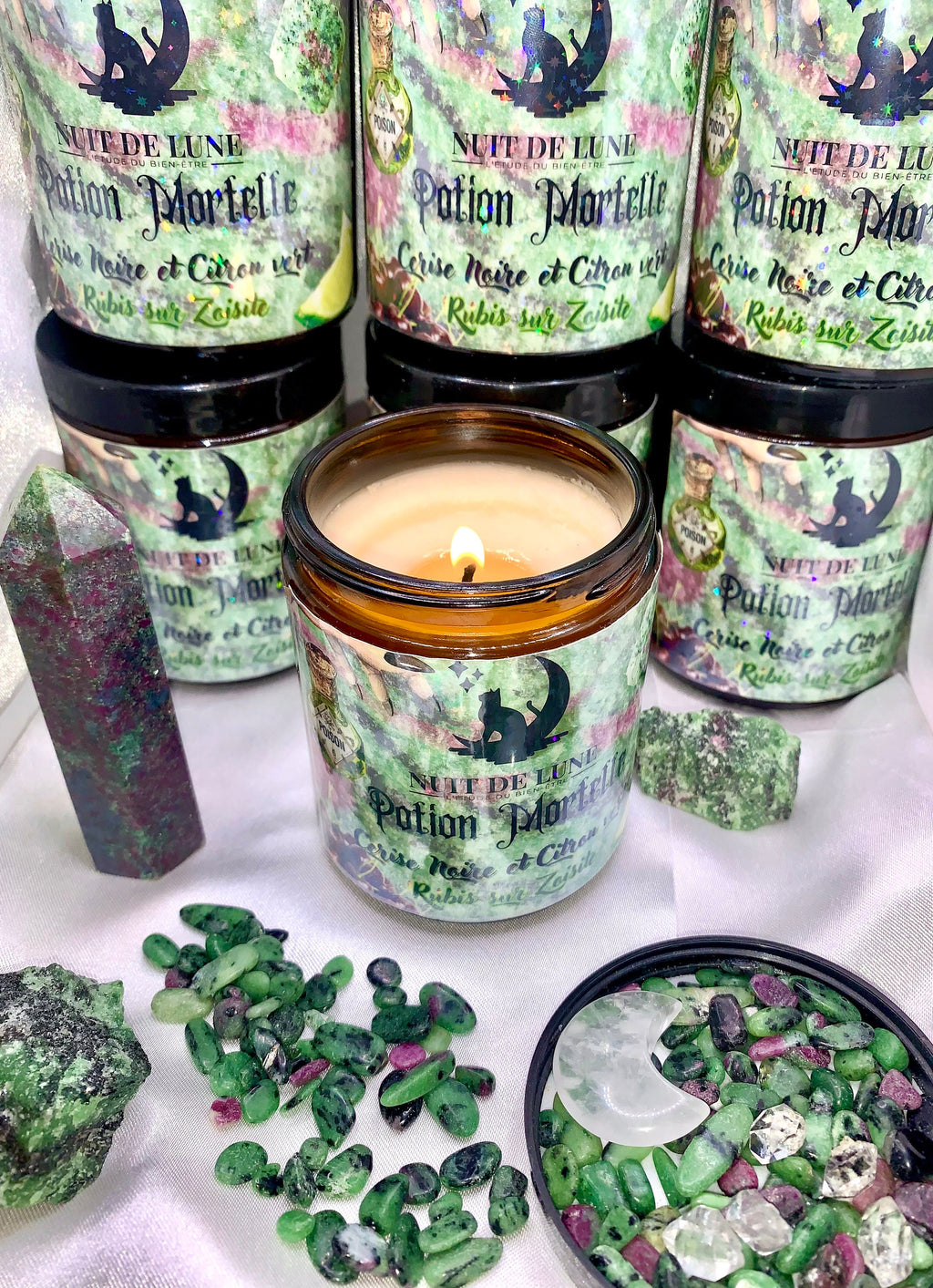 Bougie de luxe artisanale POTION MORTELLE Cerise Noire et Citron Vert Rubis Zoisite