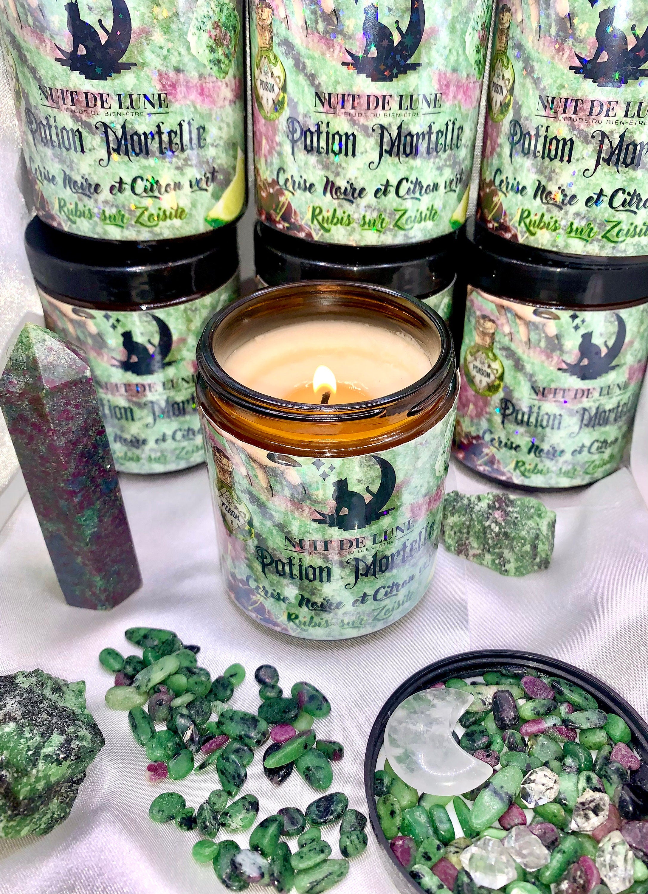Bougie de luxe artisanale POTION MORTELLE Cerise Noire et Citron Vert Rubis Zoisite