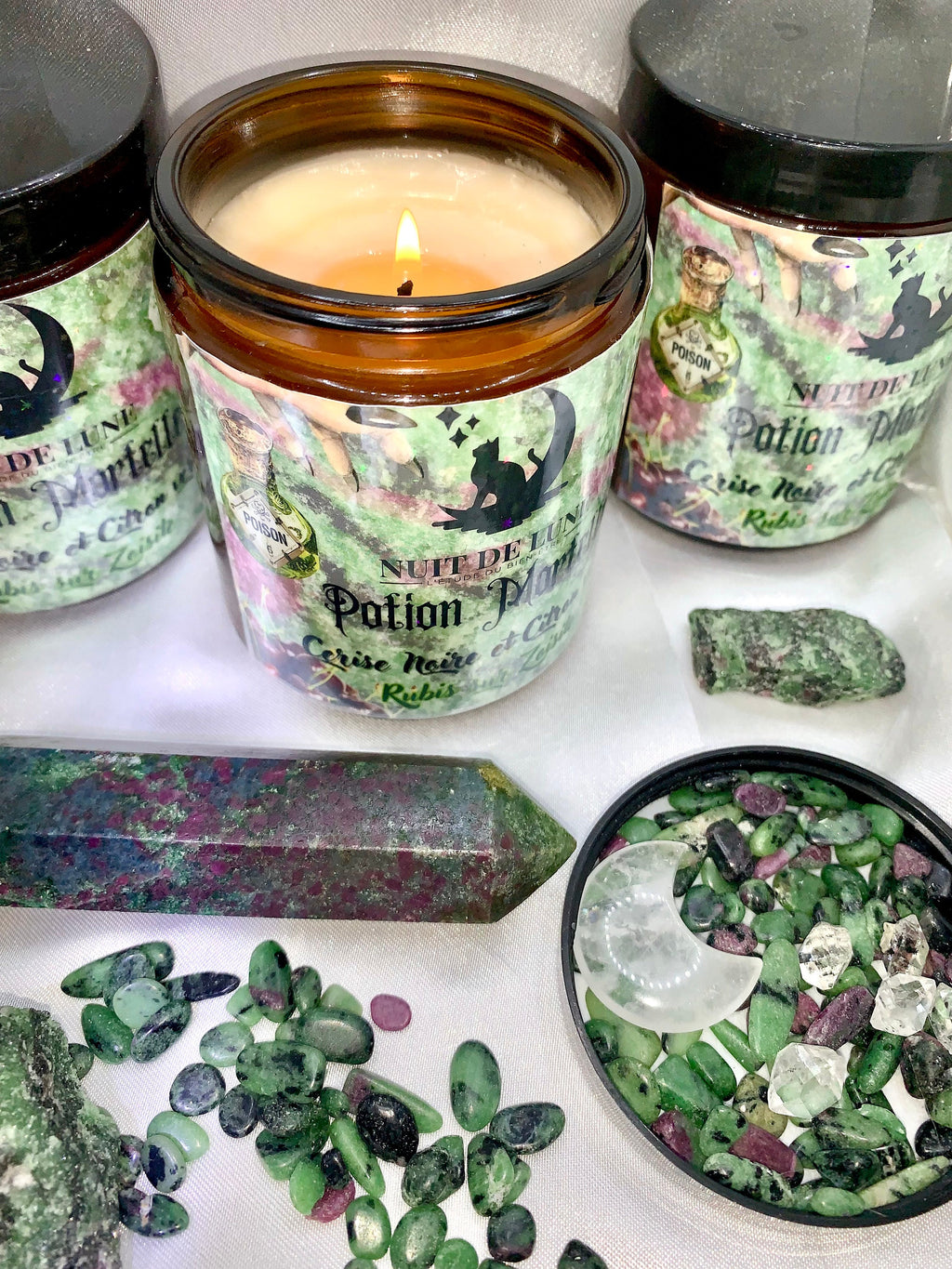Bougie de luxe artisanale POTION MORTELLE Cerise Noire et Citron Vert Rubis Zoisite