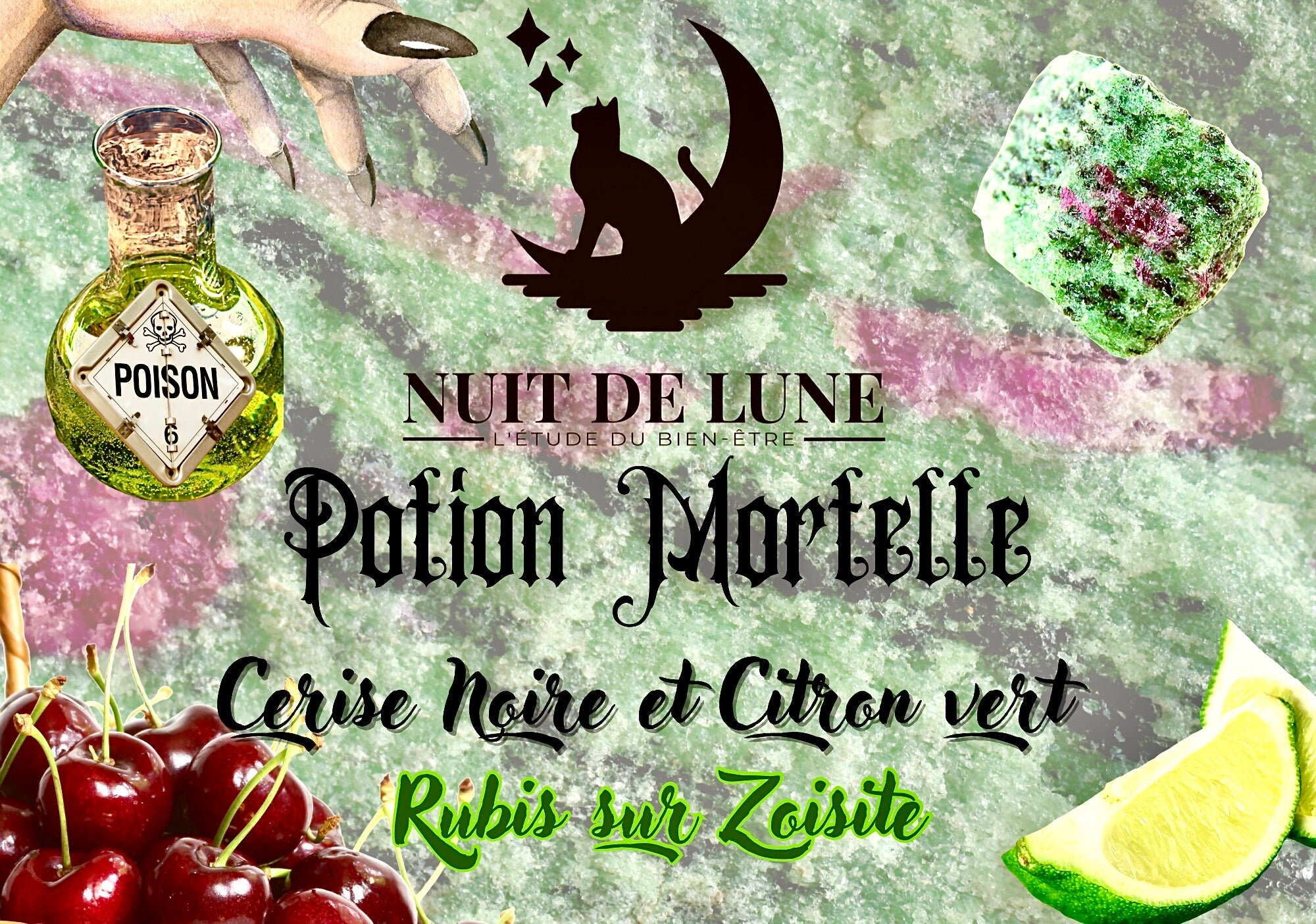 Bougie de luxe artisanale POTION MORTELLE Cerise Noire et Citron Vert Rubis Zoisite