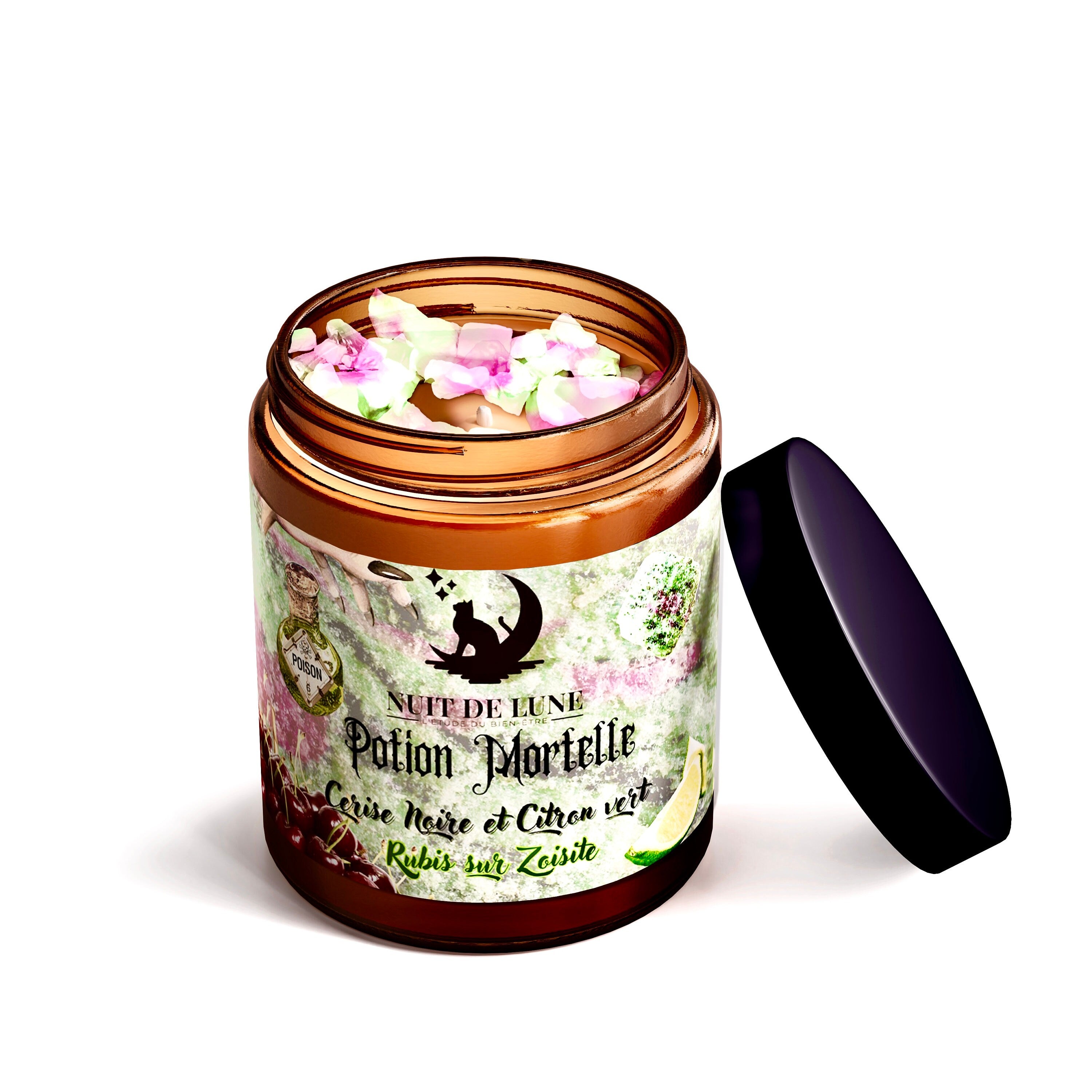 Bougie de luxe artisanale POTION MORTELLE Cerise Noire et Citron Vert Rubis Zoisite