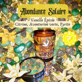 Bougie de luxe artisanale aux cristaux ABONDANCE SOLAIRE Vanille Épicée, Citrine, Aventurine Verte, Pyrite