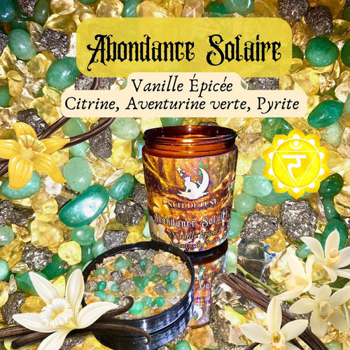 Bougie de luxe artisanale aux cristaux ABONDANCE SOLAIRE Vanille Épicée, Citrine, Aventurine Verte, Pyrite