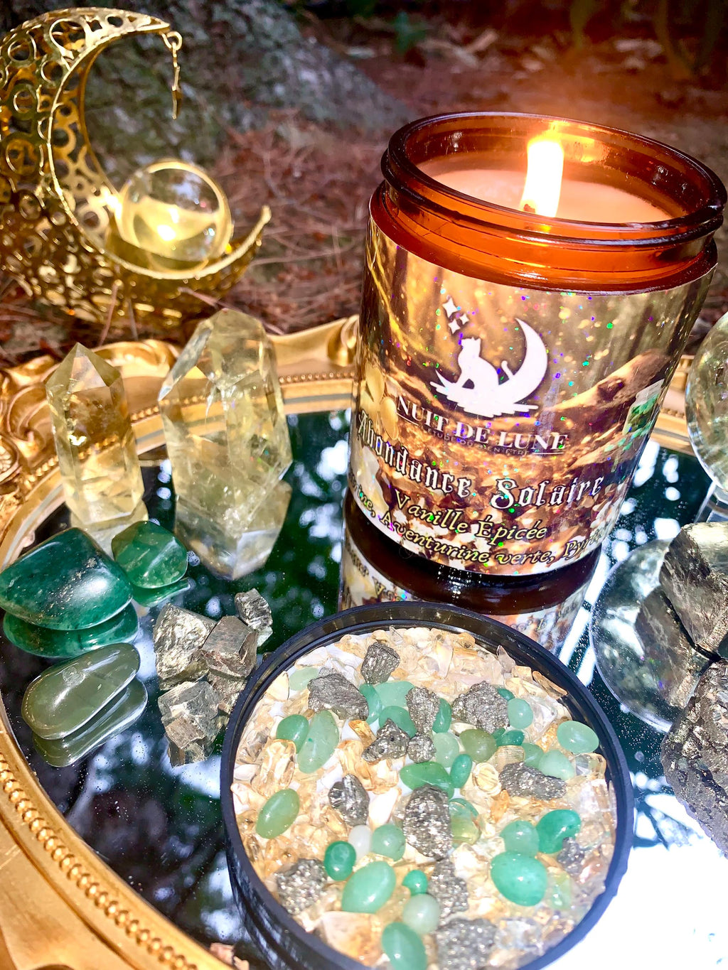 Bougie de luxe artisanale aux cristaux ABONDANCE SOLAIRE Vanille Épicée, Citrine, Aventurine Verte, Pyrite