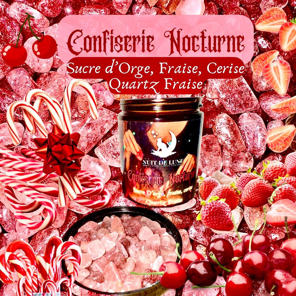 Bougie de luxe artisanale aux cristaux CONFISERIE NOCTURNE Sucre d’Orge, fraise, cerise, Quartz Fraise