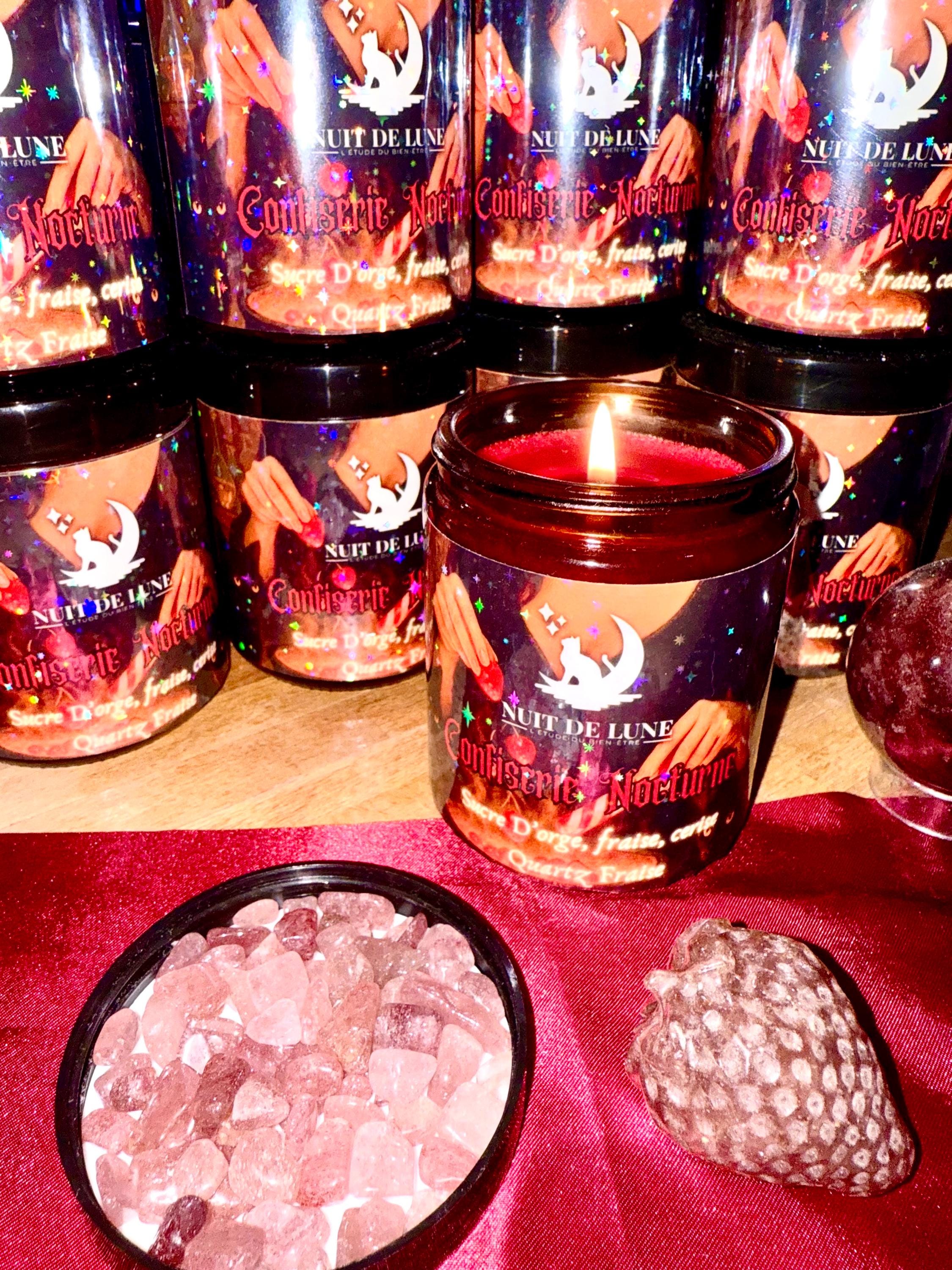 Bougie de luxe artisanale aux cristaux CONFISERIE NOCTURNE Sucre d’Orge, fraise, cerise, Quartz Fraise