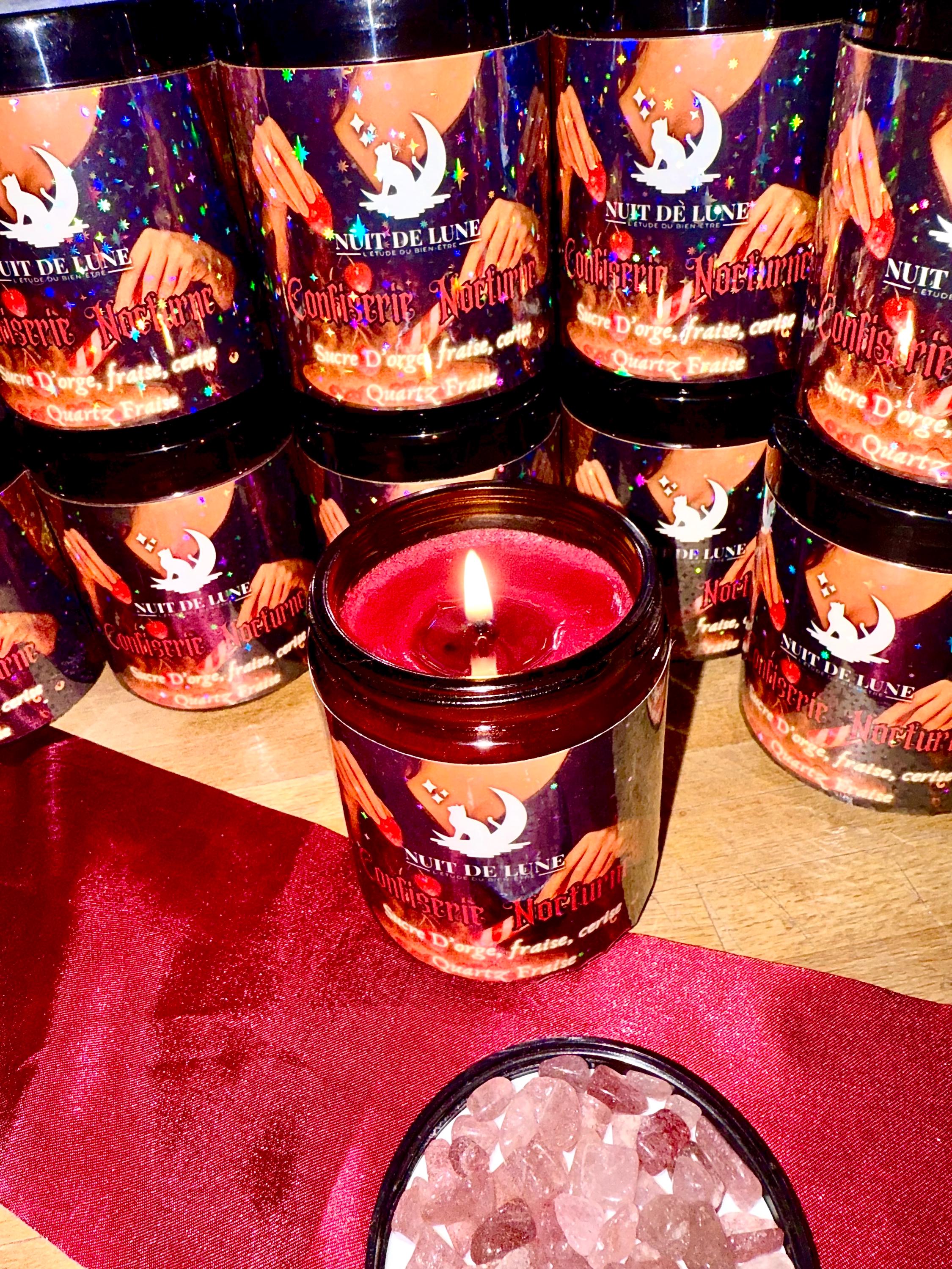 Bougie de luxe artisanale aux cristaux CONFISERIE NOCTURNE Sucre d’Orge, fraise, cerise, Quartz Fraise