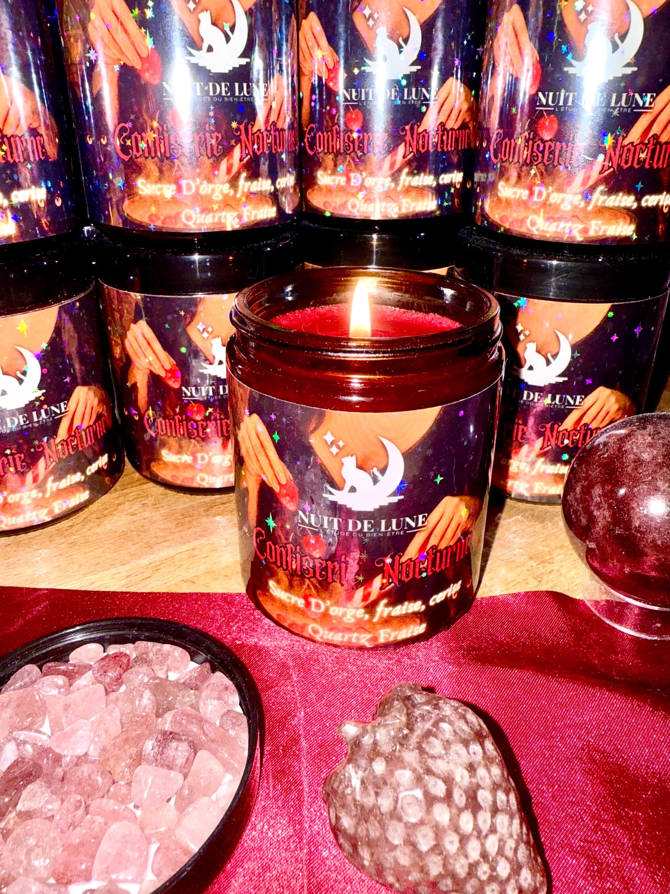Bougie de luxe artisanale aux cristaux CONFISERIE NOCTURNE Sucre d’Orge, fraise, cerise, Quartz Fraise