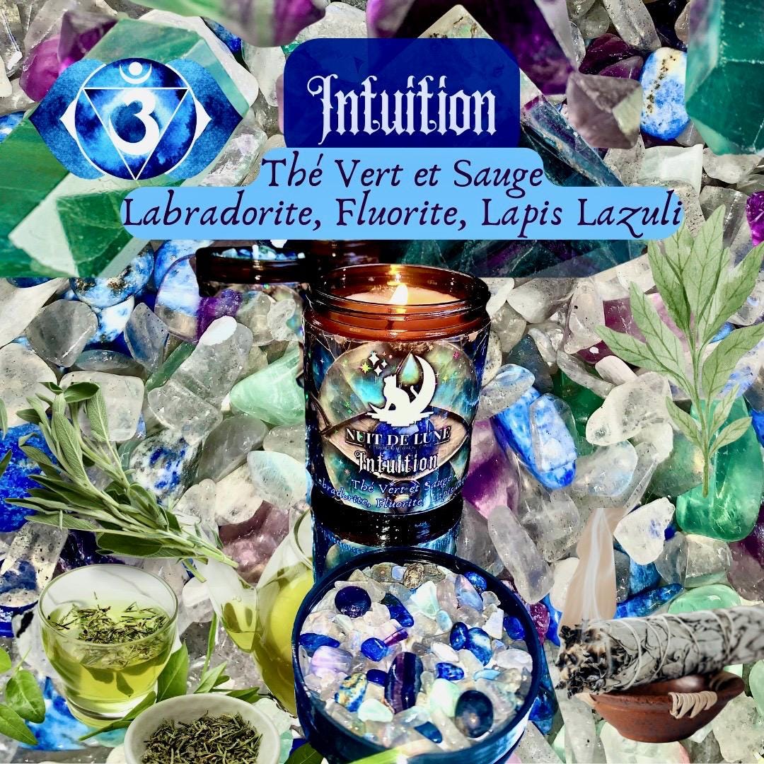 Bougie de luxe artisanale aux cristaux INTUITION Sauge et Thé vert, Labradorite, Fluorite, Lapis Lazuli