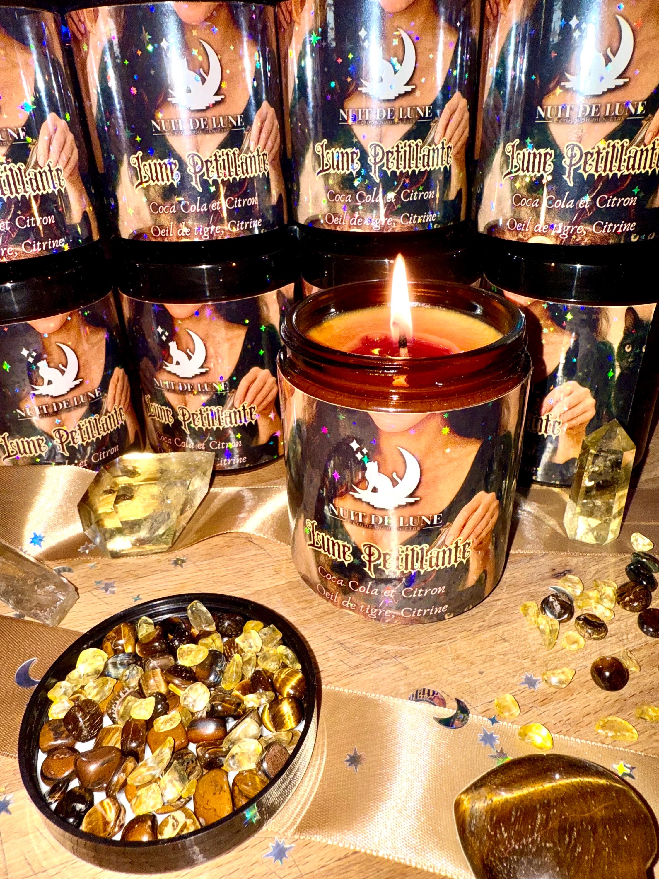 Bougie de luxe artisanale aux cristaux LUNE PÉTILLANTE Coca-Cola et Citron, Oeil de Tigre et Citrine