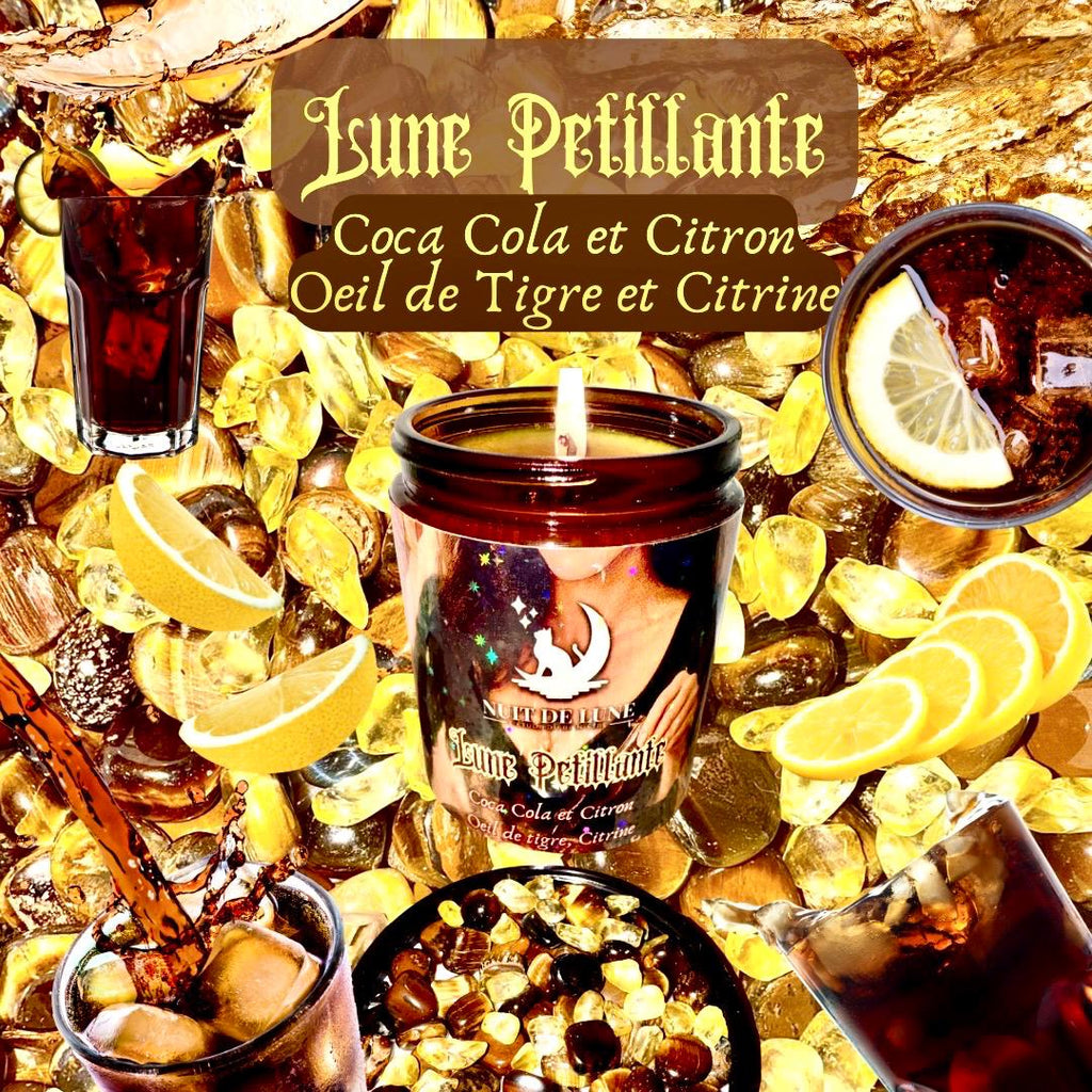Bougie de luxe artisanale aux cristaux LUNE PÉTILLANTE Coca-Cola et Citron, Oeil de Tigre et Citrine