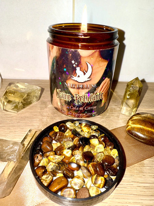 Bougie de luxe artisanale aux cristaux LUNE PÉTILLANTE Coca-Cola et Citron, Oeil de Tigre et Citrine