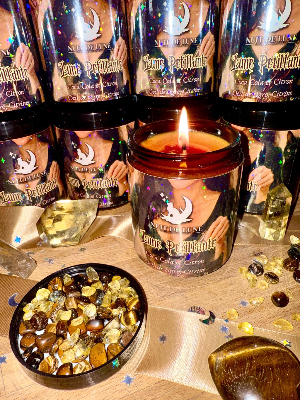 Bougie de luxe artisanale aux cristaux LUNE PÉTILLANTE Coca-Cola et Citron, Oeil de Tigre et Citrine