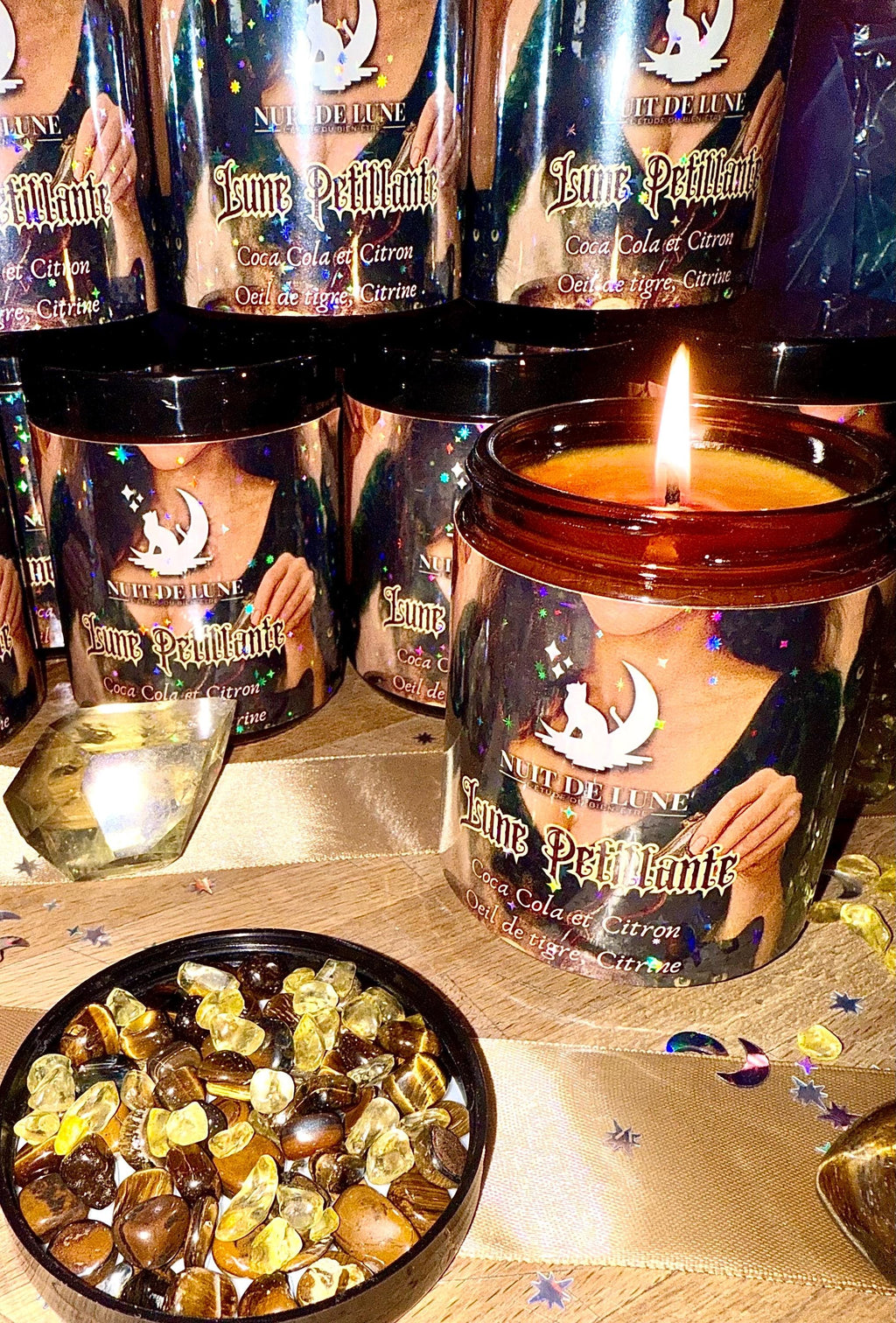 Bougie de luxe artisanale aux cristaux LUNE PÉTILLANTE Coca-Cola et Citron, Oeil de Tigre et Citrine