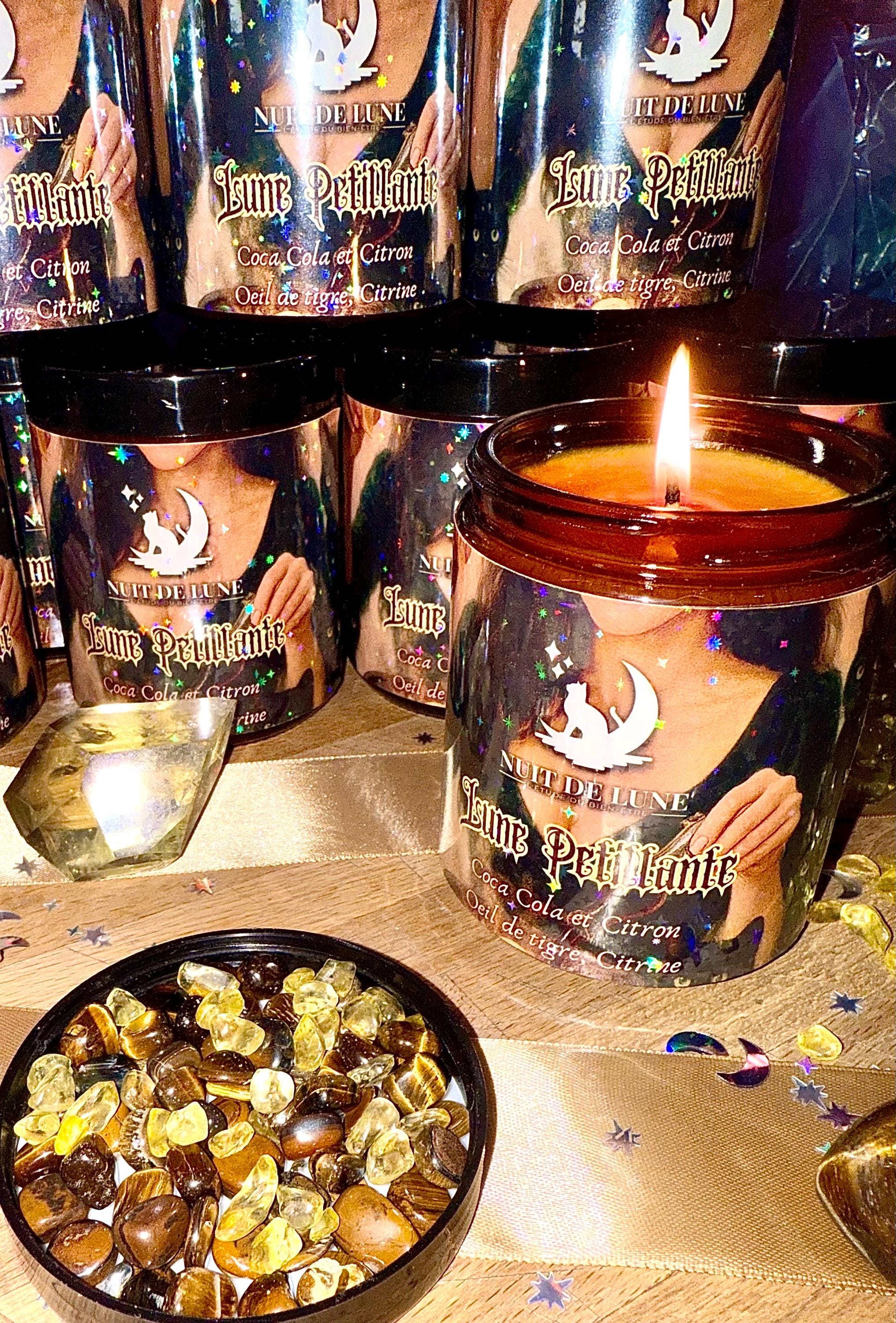 Bougie de luxe artisanale aux cristaux LUNE PÉTILLANTE Coca-Cola et Citron, Oeil de Tigre et Citrine
