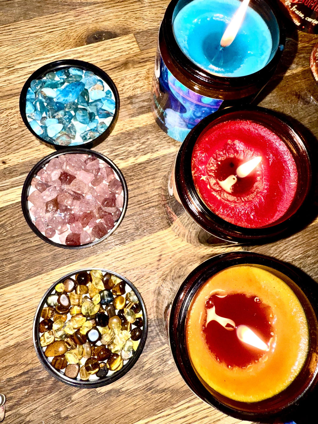 Bougie de luxe artisanale aux cristaux LUNE PÉTILLANTE Coca-Cola et Citron, Oeil de Tigre et Citrine
