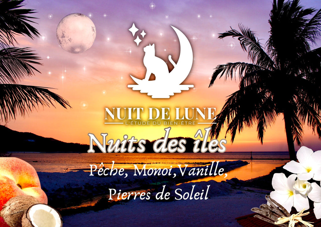 Bougie de luxe artisanale aux cristaux NUITS DES ÎLES Monoï et Fleur de Tiaré et sa fiole de pierres de Soleil