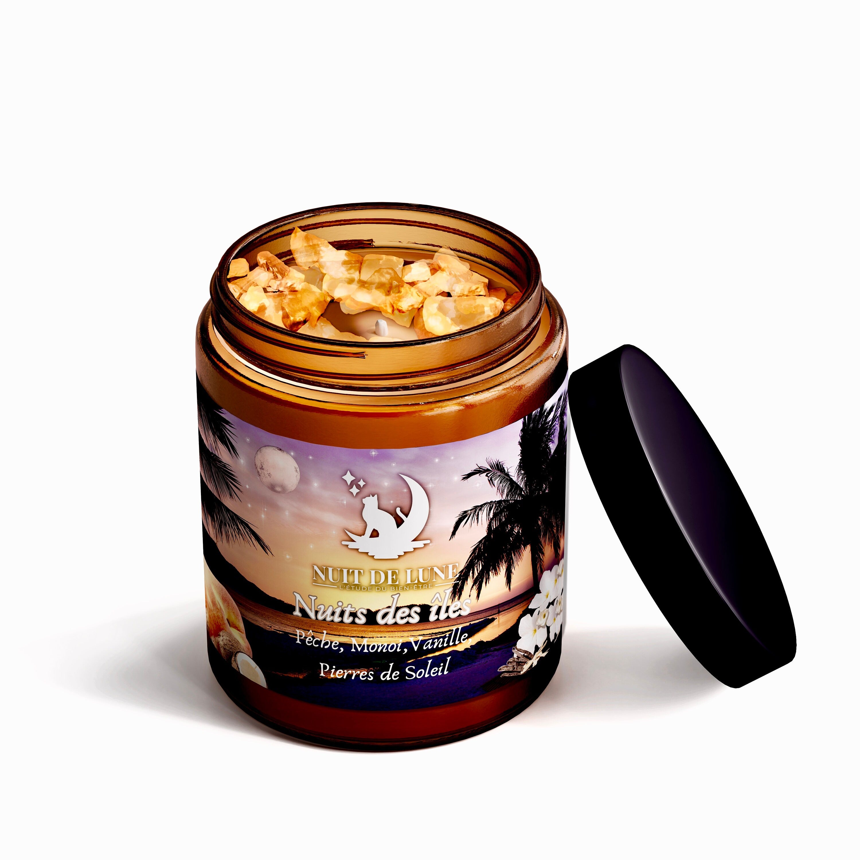 Bougie de luxe artisanale aux cristaux NUITS DES ÎLES Monoï et Fleur de Tiaré et sa fiole de pierres de Soleil