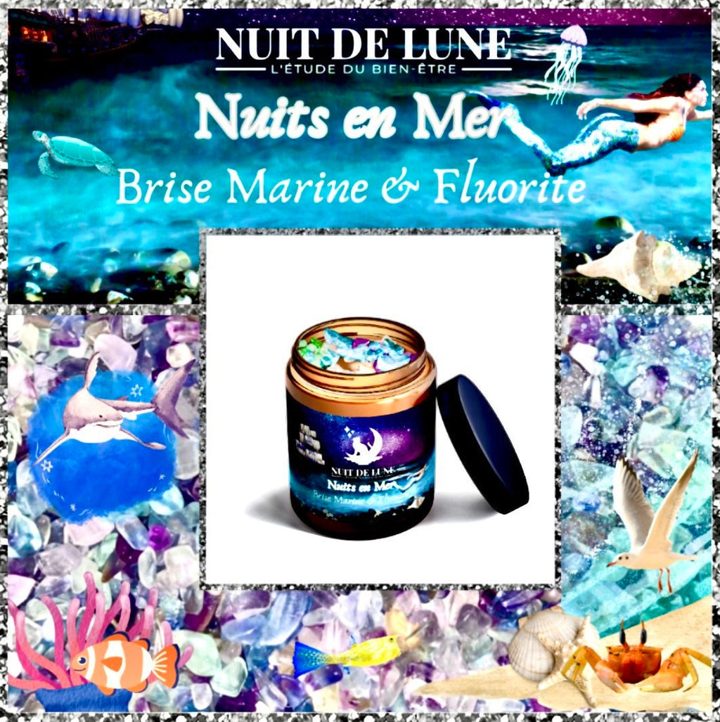 Bougie de luxe artisanale aux cristaux NUITS EN MER Brise Marine et sa fiole de fluorite multicolore
